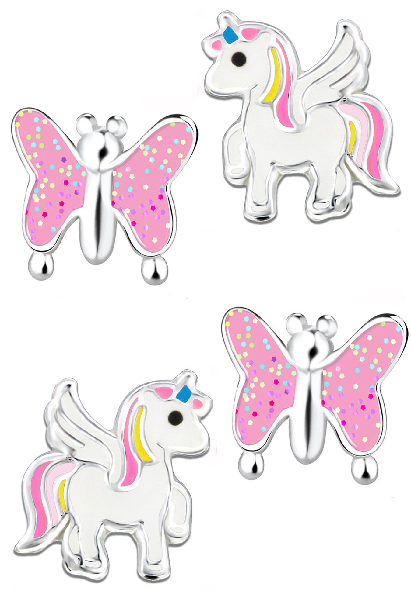 Limana Серьги-гвоздики-Set 925 Silber Einhorn Pferde Schmetterling Kinderohrringe Kinderschmuck, Glitzer