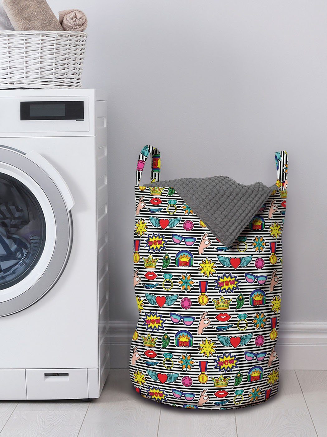 Abakuhaus Wäschesäckchen Wäschekorb mit Kordelzugverschluss für Griffen Striped Retro Quirky Cartoon Waschsalons