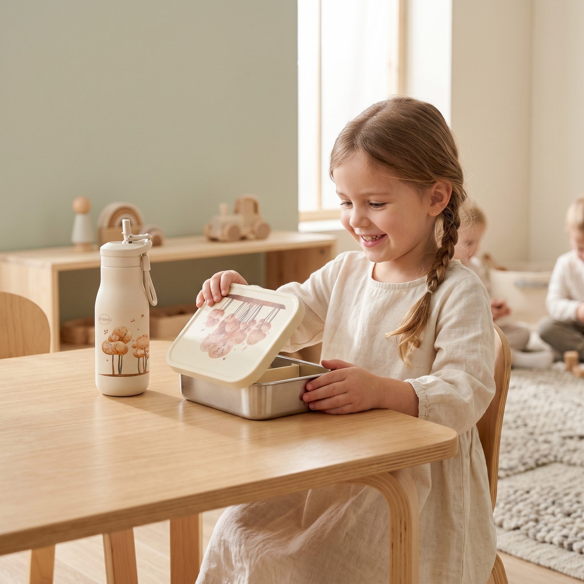 JENARD Lunchbox Brotdosen Set Kinder mit Edelstahl Trinkflasche Tiere im Wald, (Brotdosen- und Trinkflaschen-Set, 2-teiliges Set, Brotdose und Trinkflasche, Kindergarten-Set, Schul-Set), BPA-frei, Lebensmittelecht, Kindgerecht, Wiederverwendbar, Robust