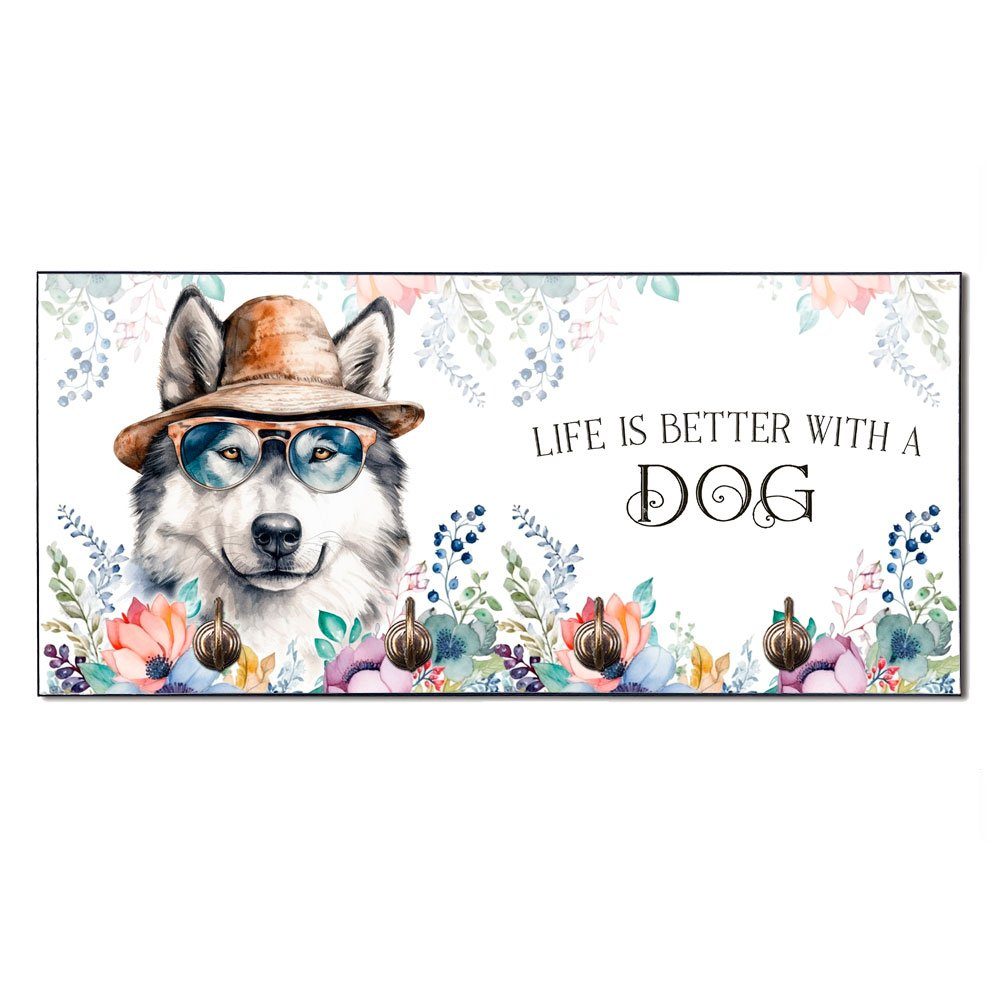 Cadouri Wandgarderobe ALASKAN MALAMUTE Hundegarderobe - Wandboard für Hundezubehör (Garderobe mit 4 Haken), MDF, mit abgeschrägten Ecken, handgefertigt, für Hundebesitzer