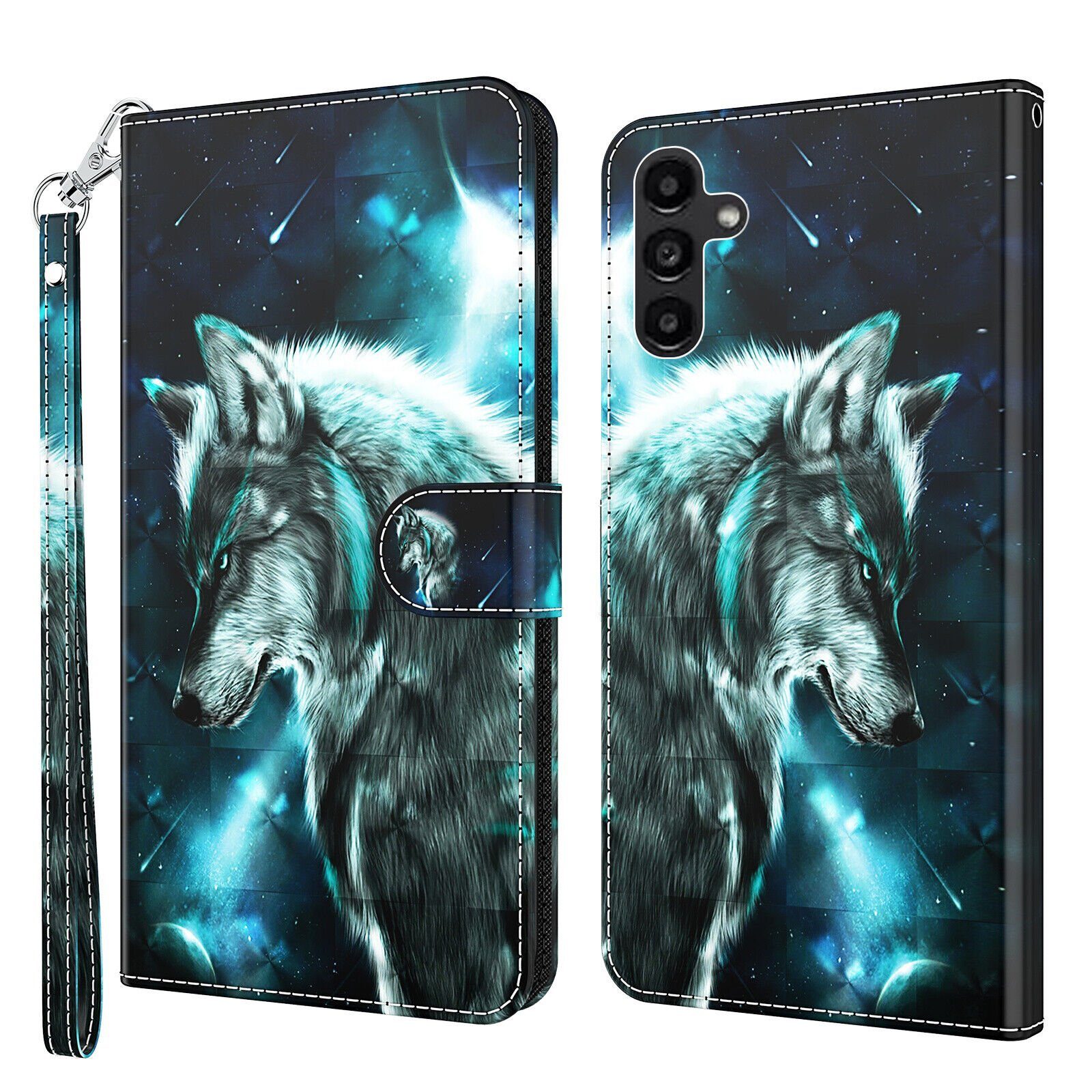 CLM-Tech Handytasche für Samsung Galaxy A15 5G Hülle Tasche aus Kunstleder Klapphülle (Wolf blau schwarz, Handyhülle Wallet Flip Case Cover Etui), Schutzhülle mit Standfunktion, Kartenfächer, und Magnetverschluss