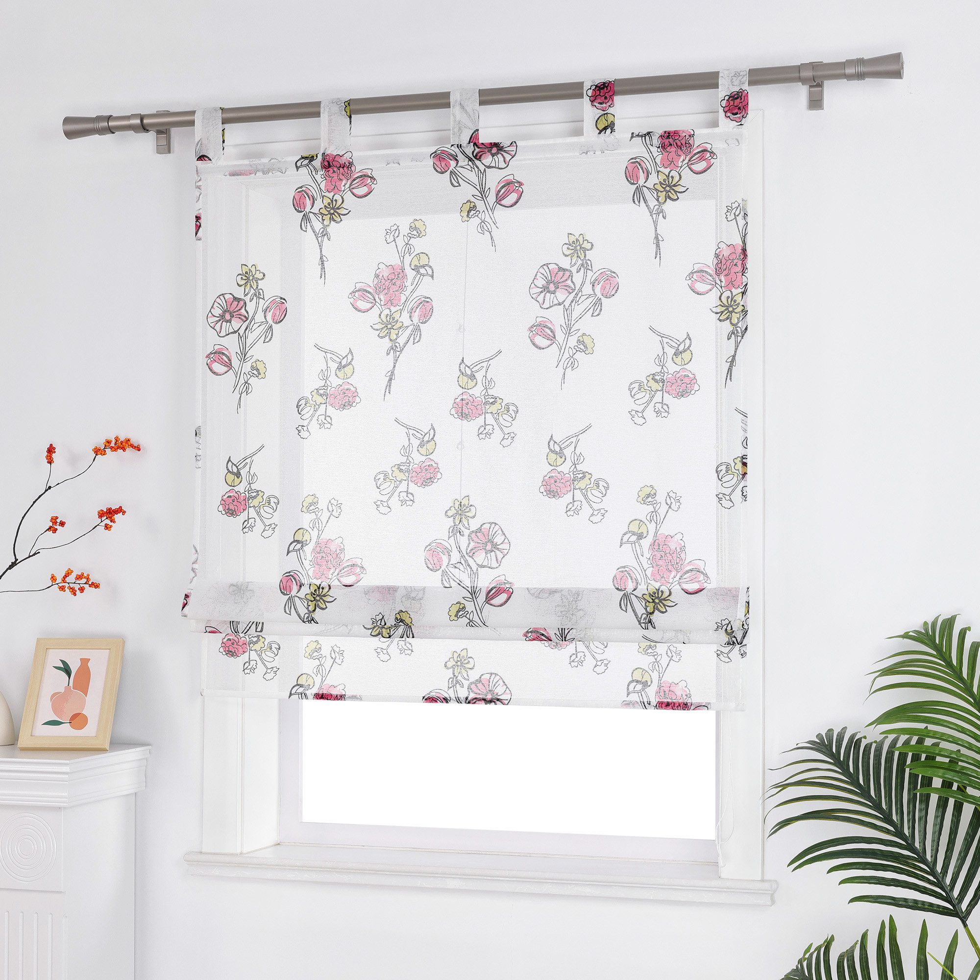 Joyswahl Raffrollo Mori Aesthetic, mit Schlaufen, mit zarten rosa Petunienmuster, Leinenoptik