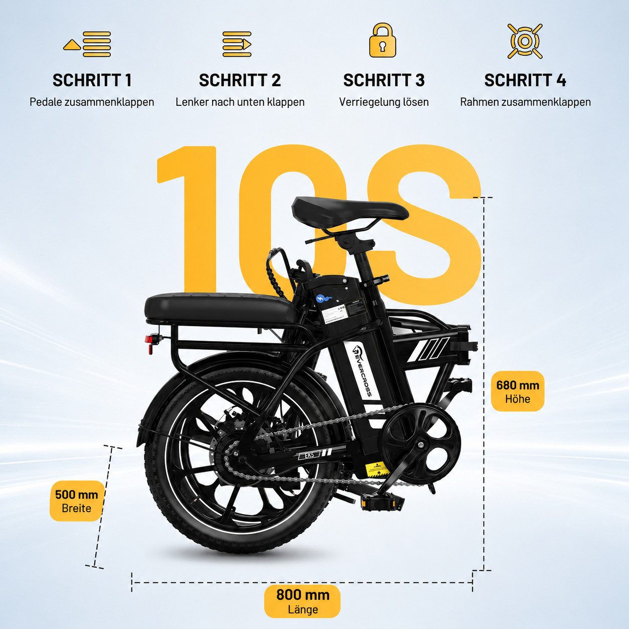 EVERCROSS TECH E-Bike EK5 Faltbares E-Fahrrad,Pedelec, 36V 13AH, Heckmotor, 468 Wh, Heckmotor, 15/20/25 KM/H, bis 60km, ebike Herren/Damen – Bild 4 von 5