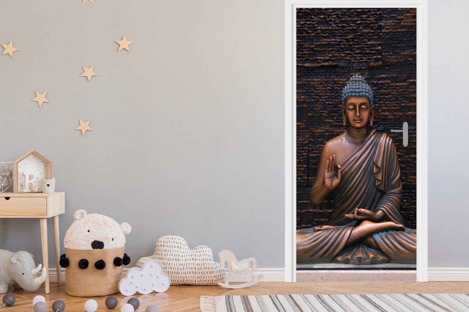 MuchoWow Türtapete Buddha - für Fototapete (1 Spirituell Tür, - - bedruckt, St), Meditation, Matt, Türaufkleber, cm 75x205 - Braun Buddha-Statue