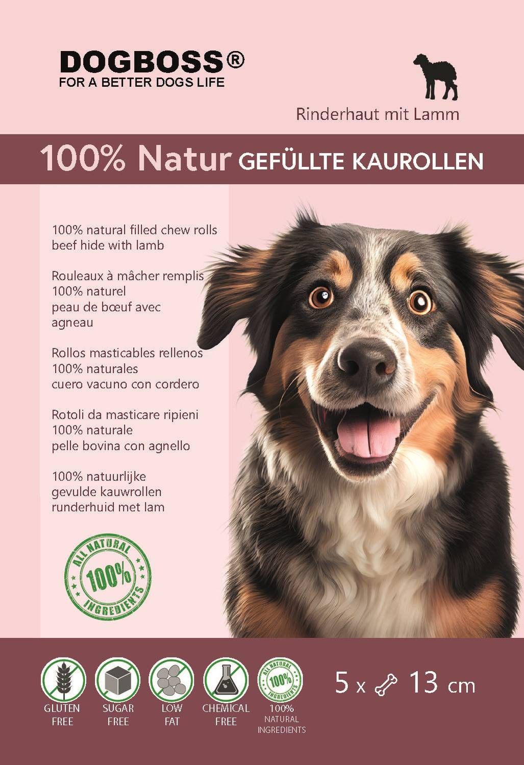 DOGBOSS DOGBOSS 100% Natur gefüllte Kaurollen, hergestellt in EU 5er Set Lamm 13 cm, Snack für: Hunde