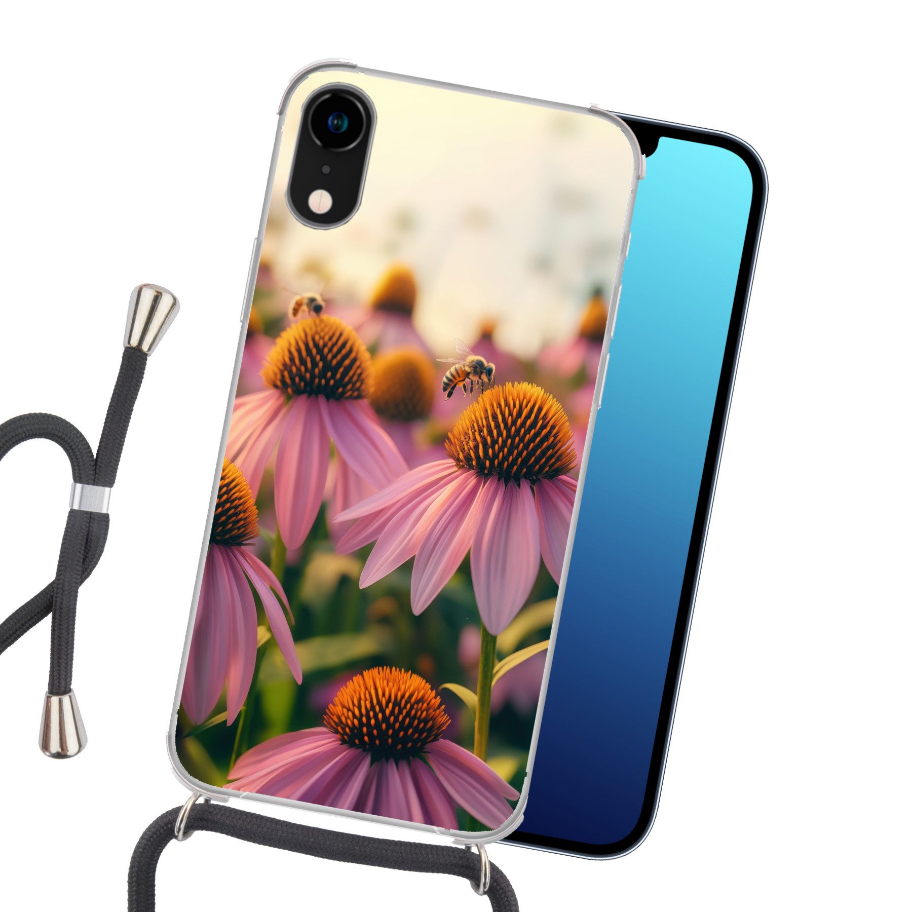 MuchoWow Handyhülle für Apple iPhone XR Blumen - Lila - Bienen, Tragbare Handyhüllen mit Kette zum umhängen, Handykette Handyband