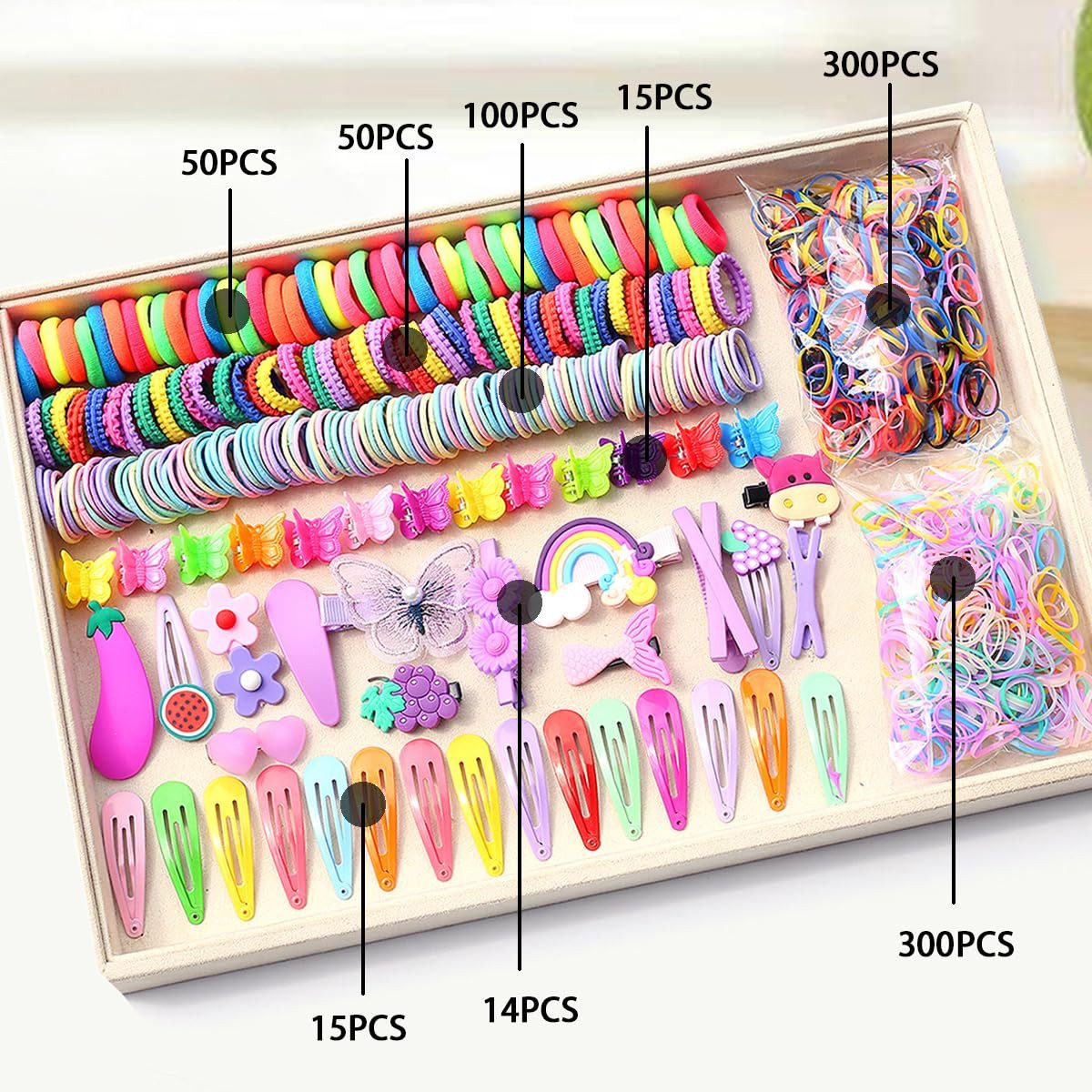 Coonoor Haargummi 844-teiliges Haar-Zubehör-Set für Mädchen, Nylon-Haargummis, elastischer Pferdeschwanz-Halter, Gummiband