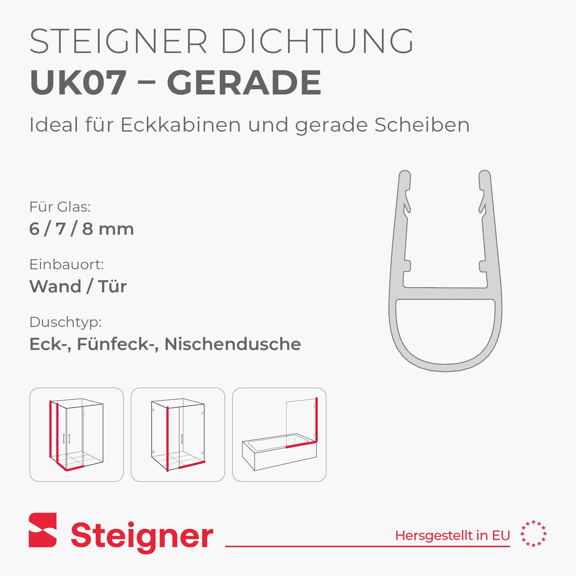STEIGNER Duschdichtung Duschdichtung gerade UK07 30 cm (1 Stk) Transparent 6-8 mm, L: 30 cm, (1 Stück Packung, Einzeldichtung), Dichtung gerade für Eckeinstieg  – Bild 2 von 5