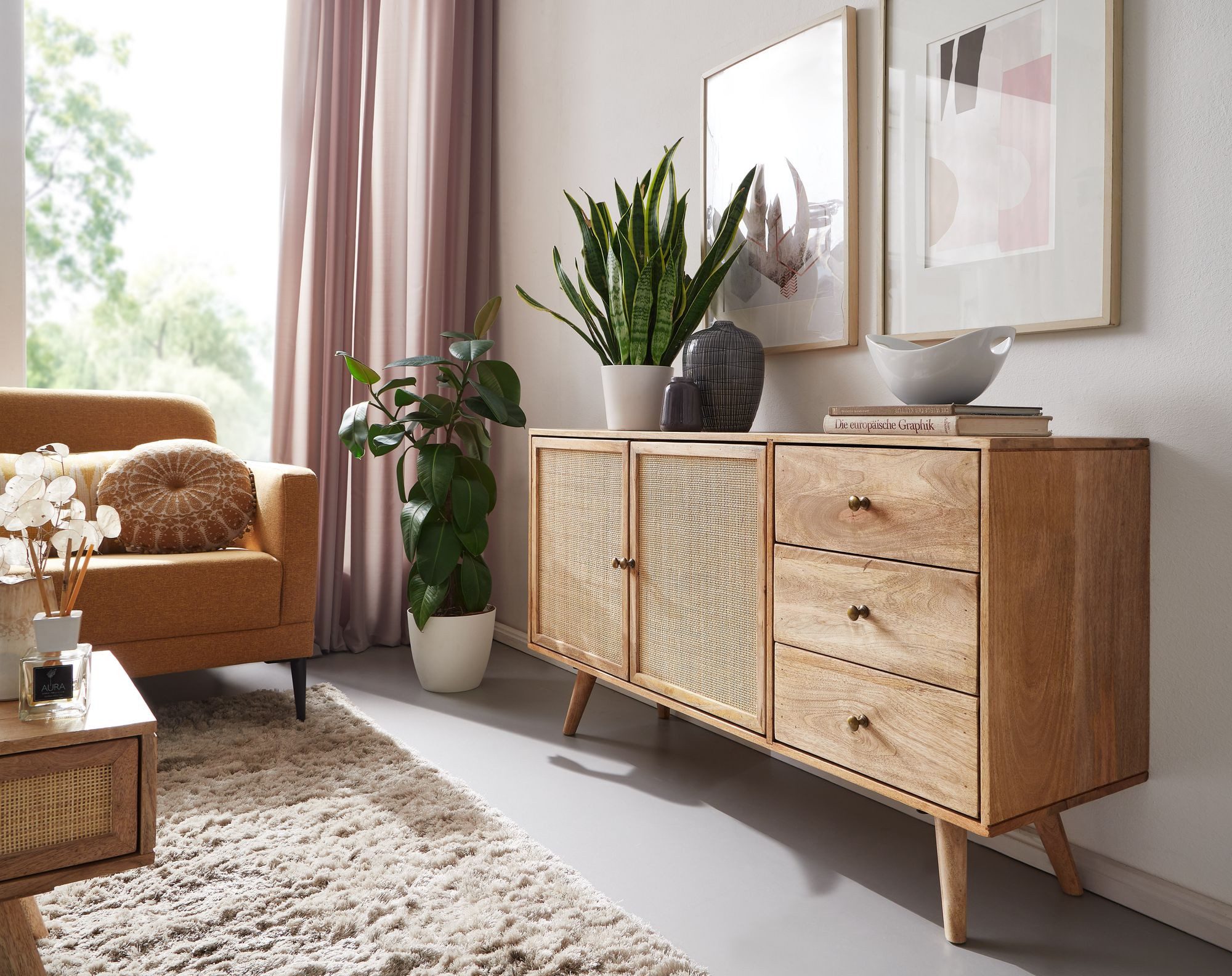 FINEBUY Sideboard Sideboard Massivholz 140cm 2 Türen 3 Schublade Kommode Wi günstig online kaufen