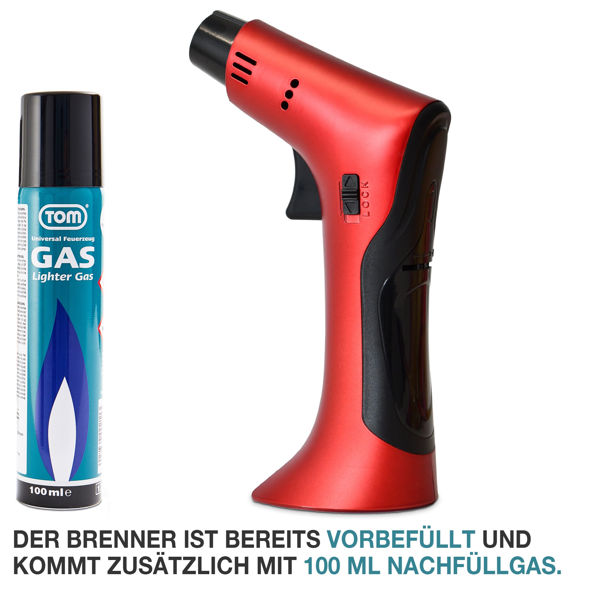 TOM Flambierbrenner Set mit 1 x 100 ml Gaskartusche, 1250°C, Piezozündung, Nachfüllbar