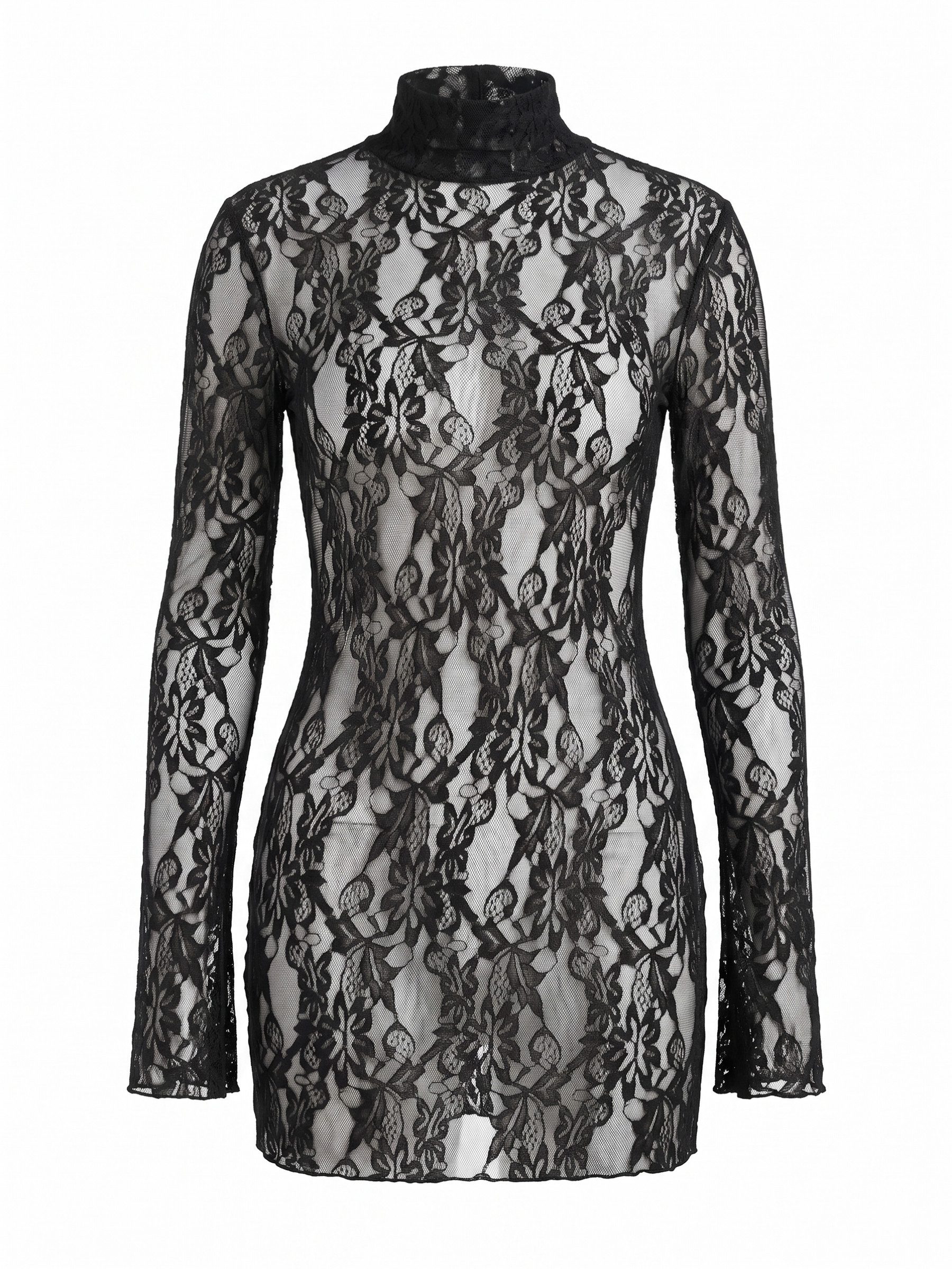 Elegant Love Spitzenkleid Damen Netzkleid transparent schwarz mit floralem Muster und Rollkragen (Einzelteil, ohne Unterkleid) Figurbetontes Minikleid schwarz mit Spitzenstruktur und Stehkragen