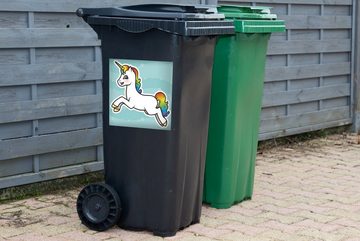 MuchoWow Wandsticker Eine Illustration eines springenden Einhorns - Mädchen - Kinder - (1 St), Mülleimer-aufkleber, Mülltonne, Sticker, Container, Abfalbehälter