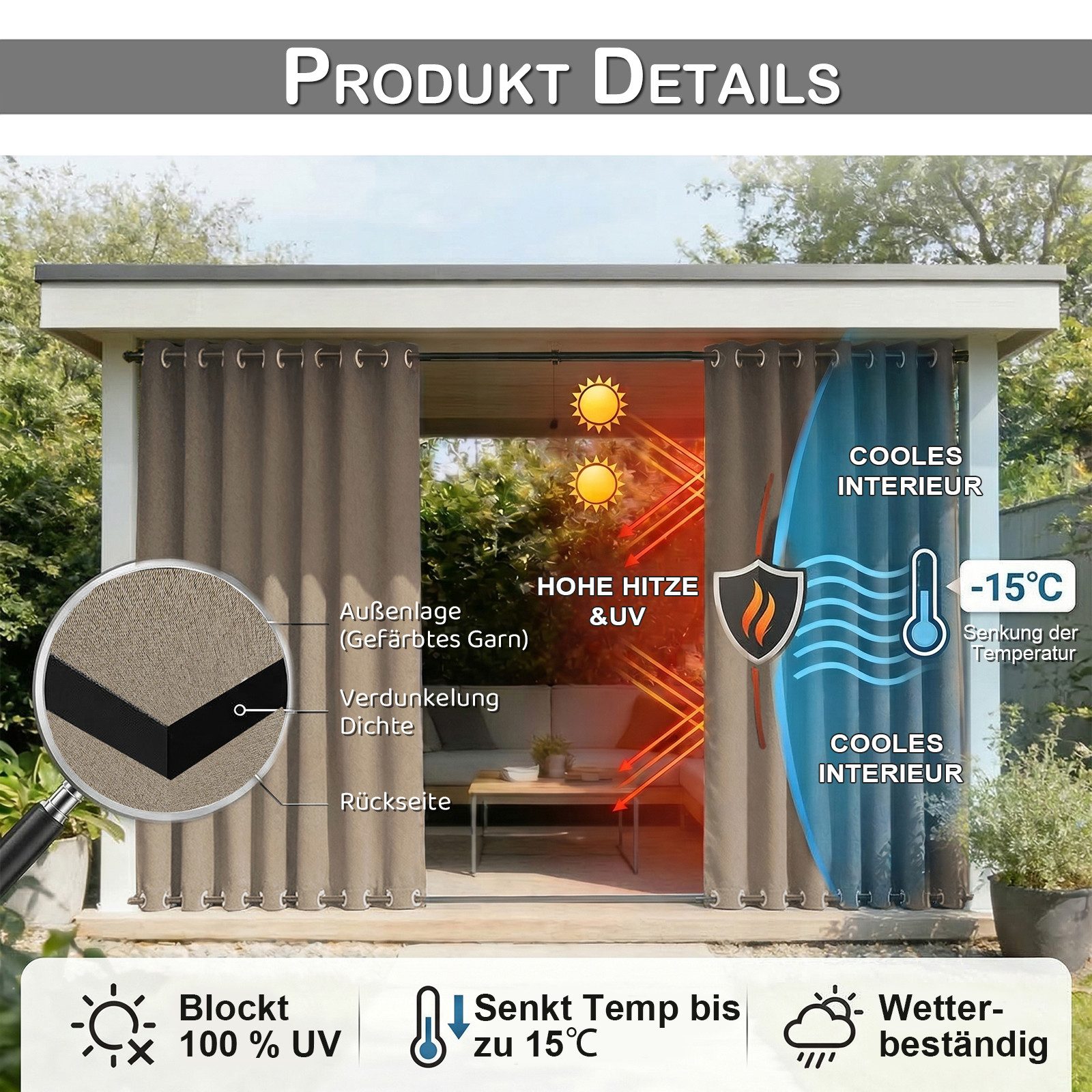 Rosnek Outdoorvorhang 100% Blickdicht & Wasserdicht - Verdunklungsvorhang mit Ösen, Sonnenschutz Sichtschutz für Balkon Terrasse, Leinenoptik Taupe/Grau – Bild 5 von 5