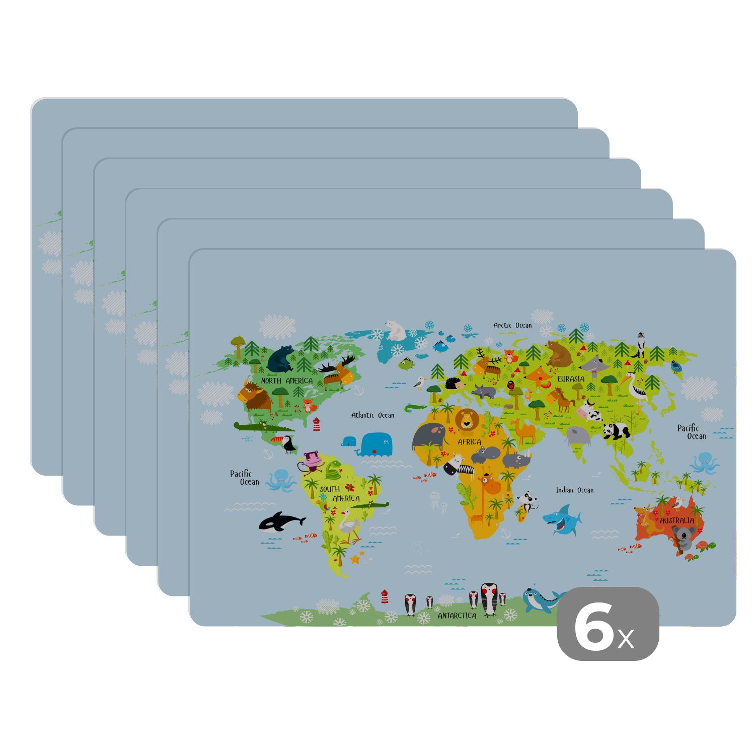 Platzset, Weltkarte Kinder - Illustrationen - Farben, MuchoWow, (6-St), Platzset, Platzdecken, Platzmatte, Tischmatten, Schmutzabweisend