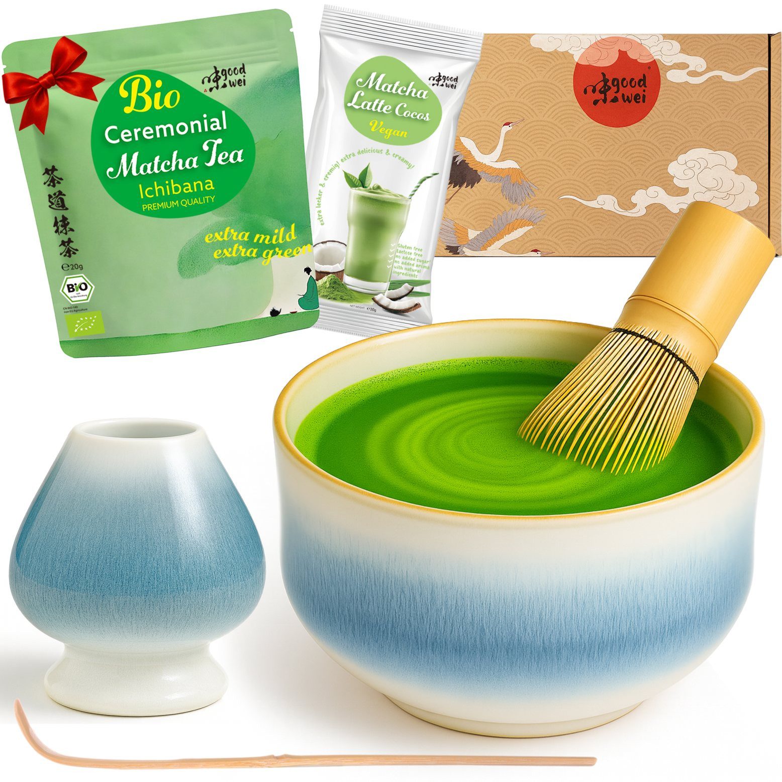Goodwei Tee Matcha Set - Teeschale, Matchabesen mit Halter & Ceremonial Matcha Tee