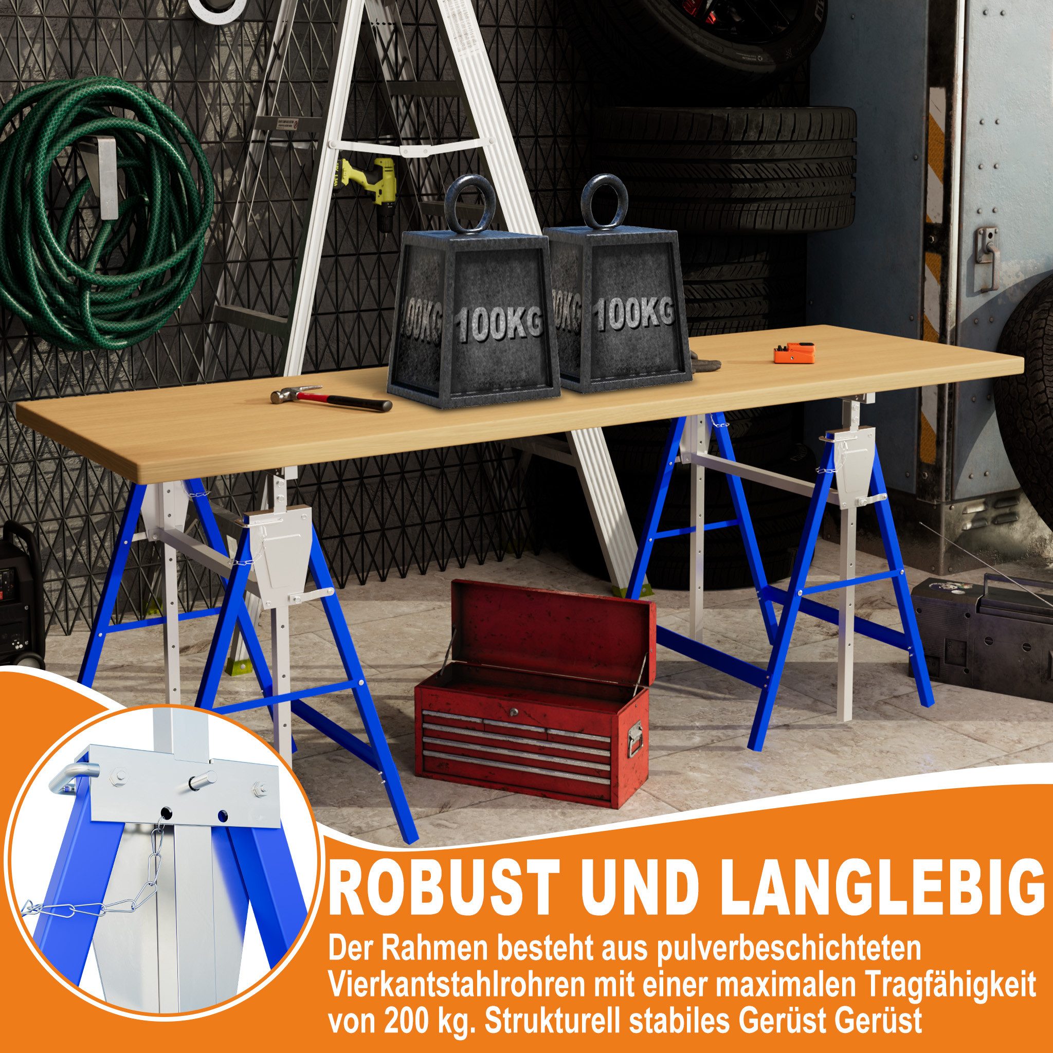 FIVMEN Gerüst Gerüstbock mit 7-fach höhenverstellbar 80-130 cm Arbeitsbock, (4 St), Zusammenklappbar Werkzeughalter Unterstellbock – Bild 4 von 5