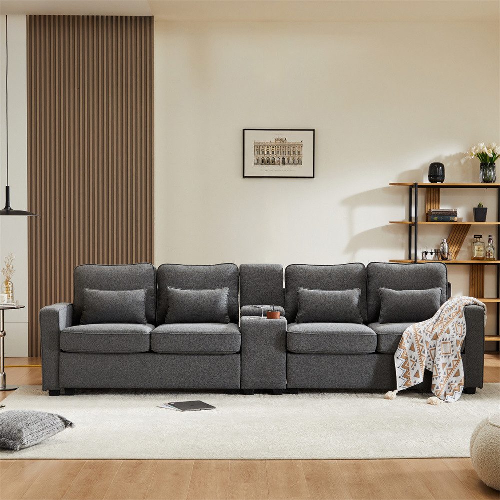 Sweiko Sofa 4-Sitzer-Sofa aus Leinenstoff mit Konsole 2 Getränkehaltern, 2 USB-Anschlüssen zum Aufladen mit Kabel, mit Armlehnentaschen und 4 Kissen