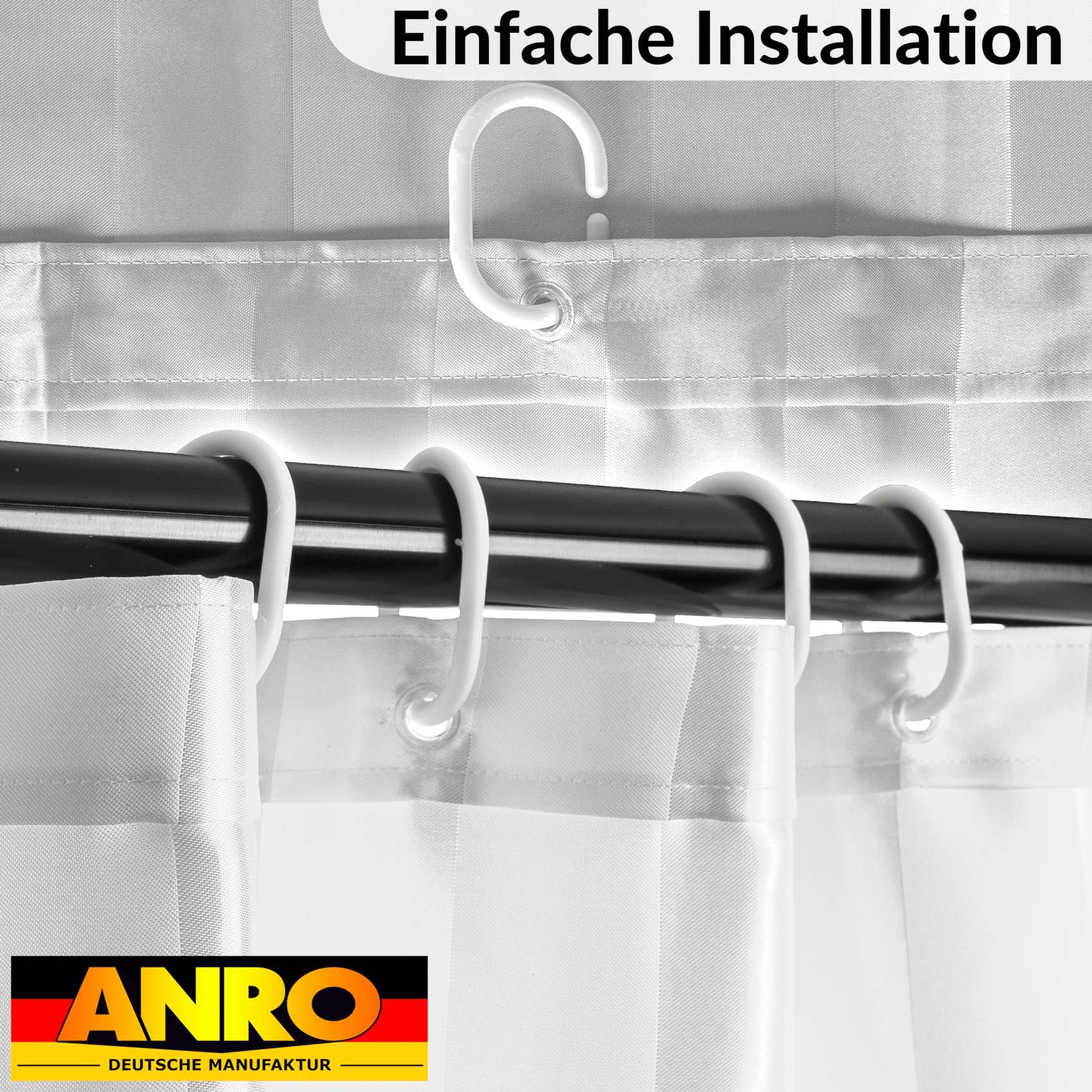 ANRO Duschvorhang aus Italien hochwertiger Badevorhang Textil mit Ösen und Haken Breite 120 cm (Packung, 1-tlg., Duschvorhang inkl. Aufhängeringe), robuster Vorhang Stangenaufhängung in Größe 200x120cm in weiß