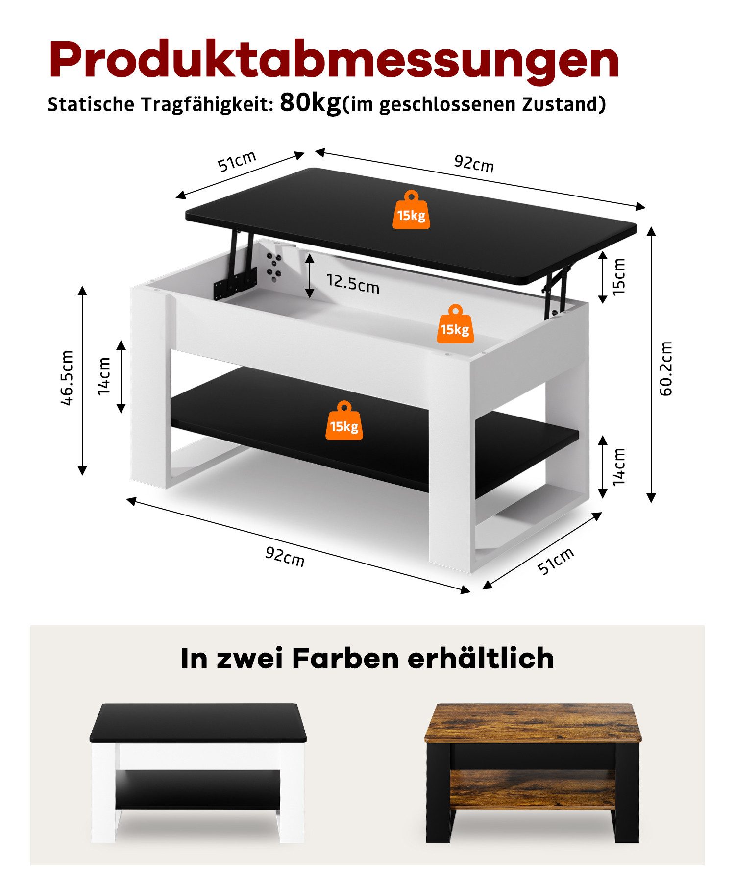 Yorbay Couchtisch Höhenverstellbar 46-60cm mit Gasfeder & verstecktem Fach, Sofatisch mit Stauraum, Wohnzimmertisch, stabil bis 80kg