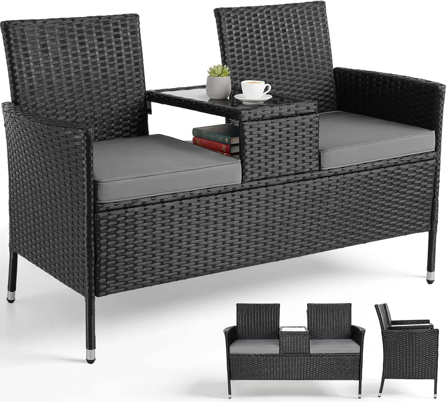 TLGREEN Balkonset Polyrattan Gartenbank 2er Set, (Wetterfest UV-beständig Rattan Sofa Outdoor, mit Tisch & Weichen Sitzkissen), Balkonmöbel für Kleinen Balkon/Terrasse/Garten