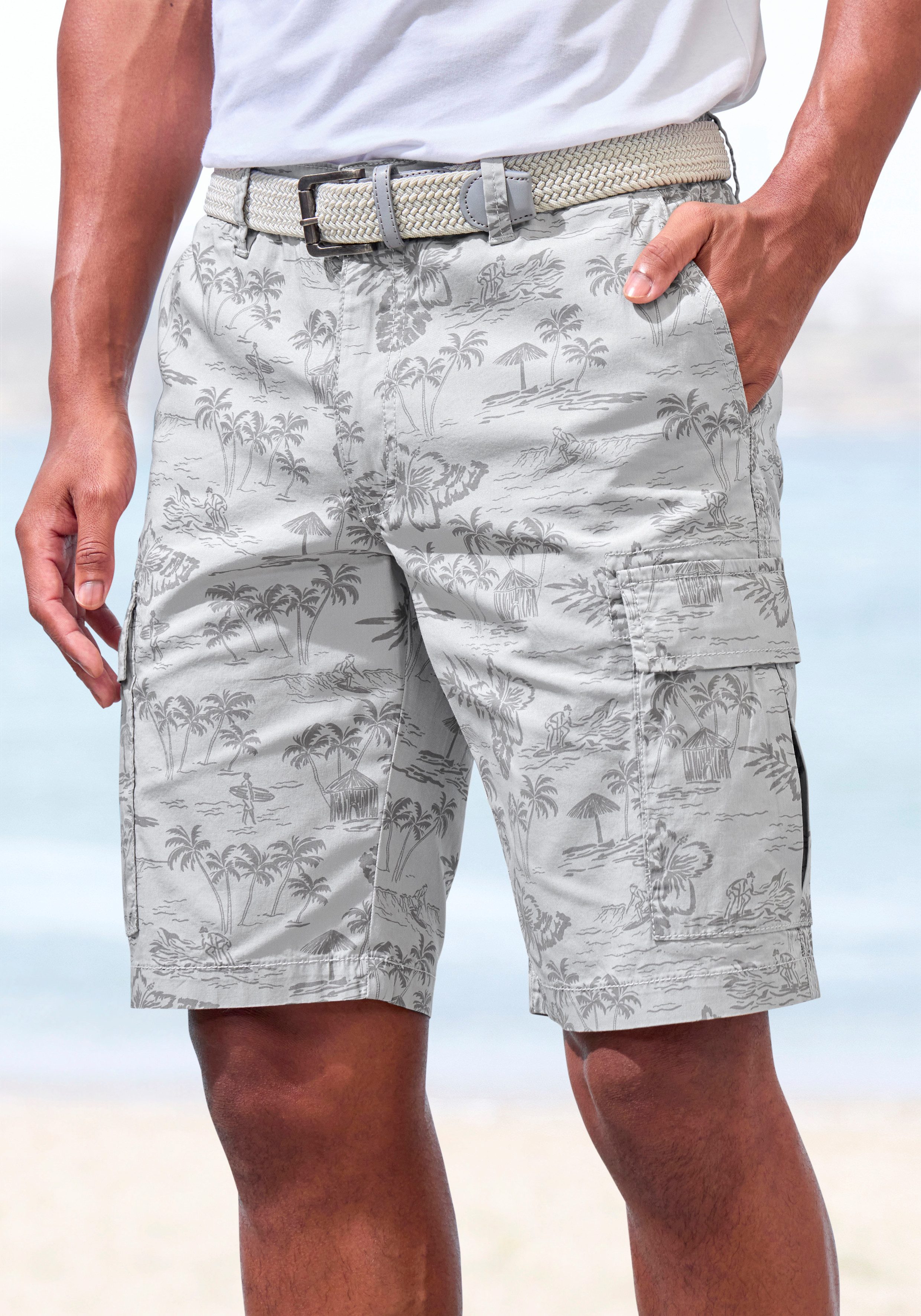 John Devin Cargoshorts - Bermuda mit Cargotaschen und sommerlichem Palmen Druck Shorts aus elastischer Baumwolle, modisch bedruckt