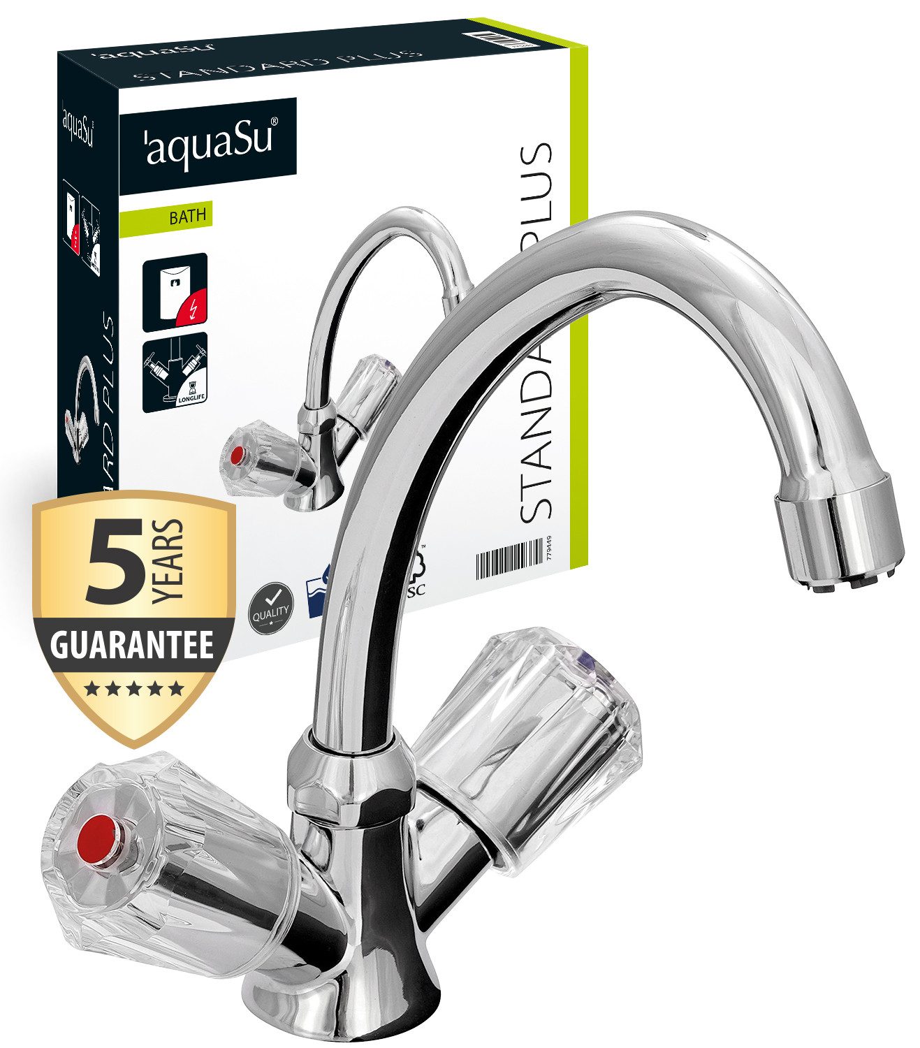 aquaSu Waschtischarmatur Standard Plus Zweigriffmischer, Niederdruck, Acrylgriff, Boiler, HU-Auslauf