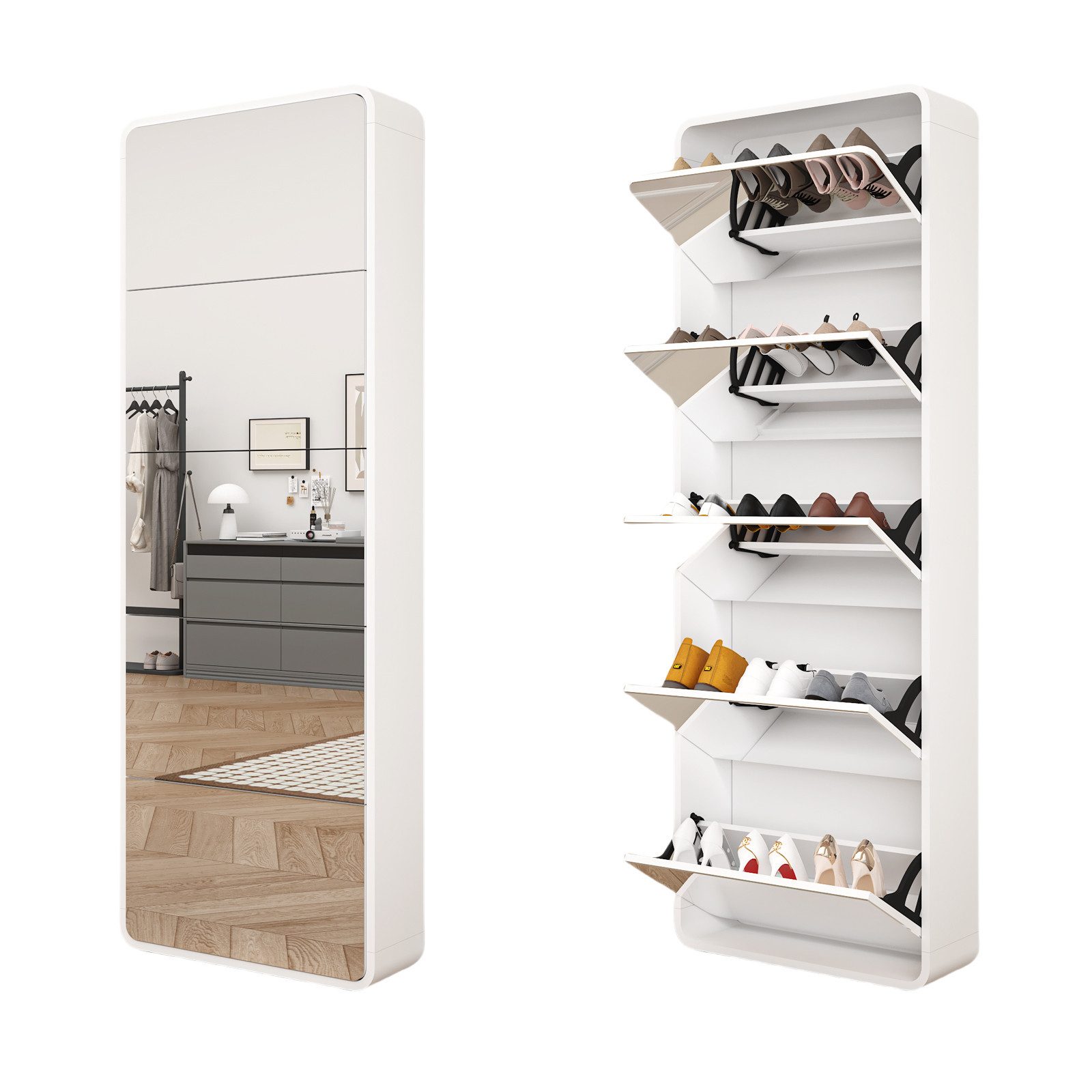 Rutaqian Schuhregal Schuhschrank mit Spiegel und 5 Klappschubladen, 1-tlg., verspiegelter Schuhschrank, freistehender Kipp-Schuh-Organizer