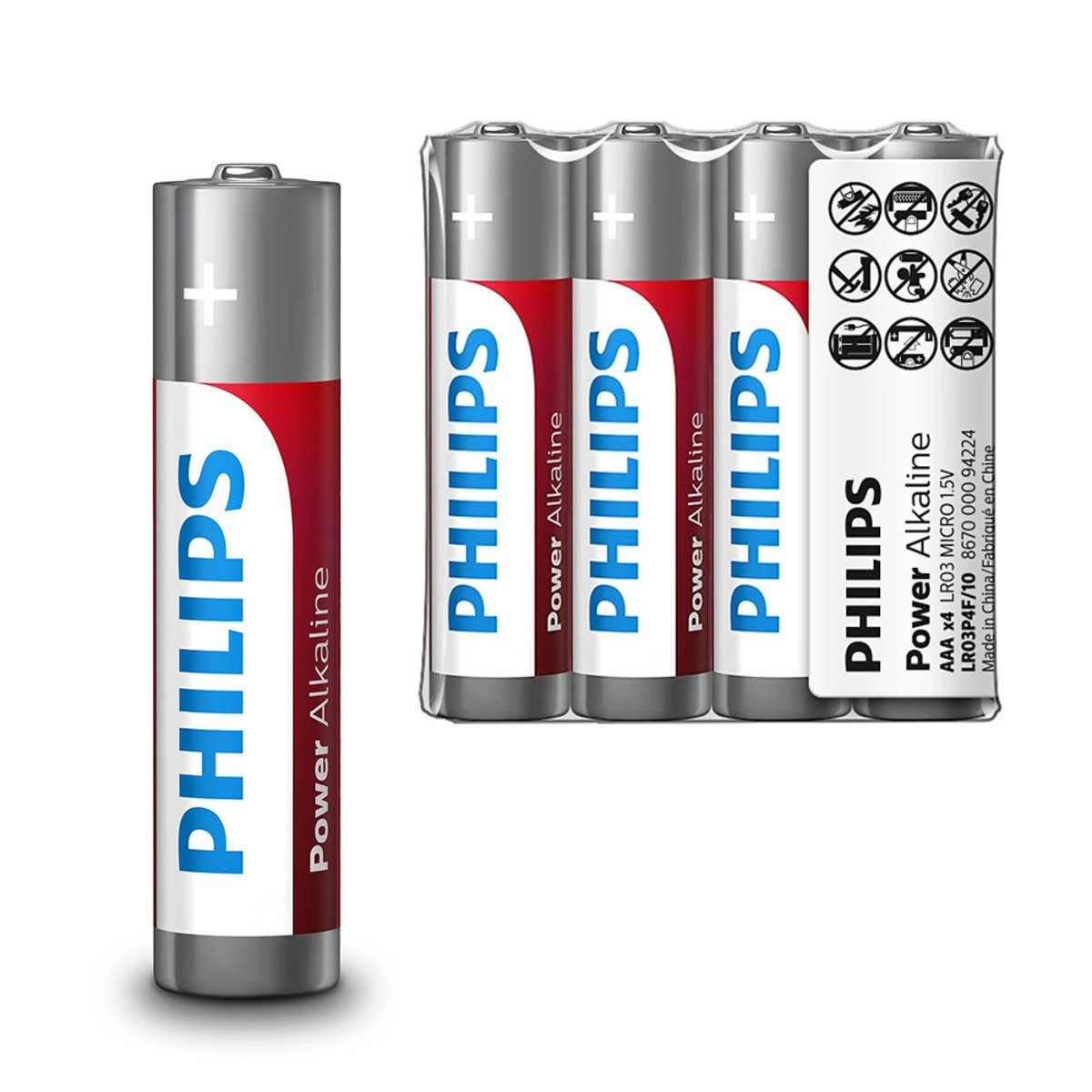 Philips Philips Batterie AAA LR03 LR3 Power Alkaline 4 Stück Phil-LR03P4F/10 Verlängerungskabel