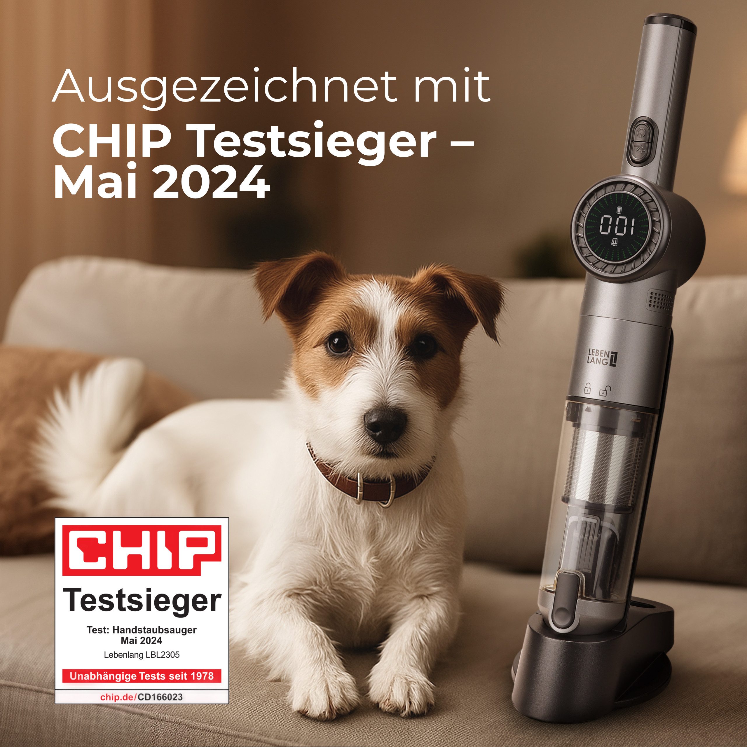 Lebenlang Akku-Handstaubsauger Kabellos - Kompakter Akkustaubsauger I, 135,00 W, I Beutellos I, 17000PA mit Zwei Modi Option & Innovativem Display I Inkl Viel Zubehör