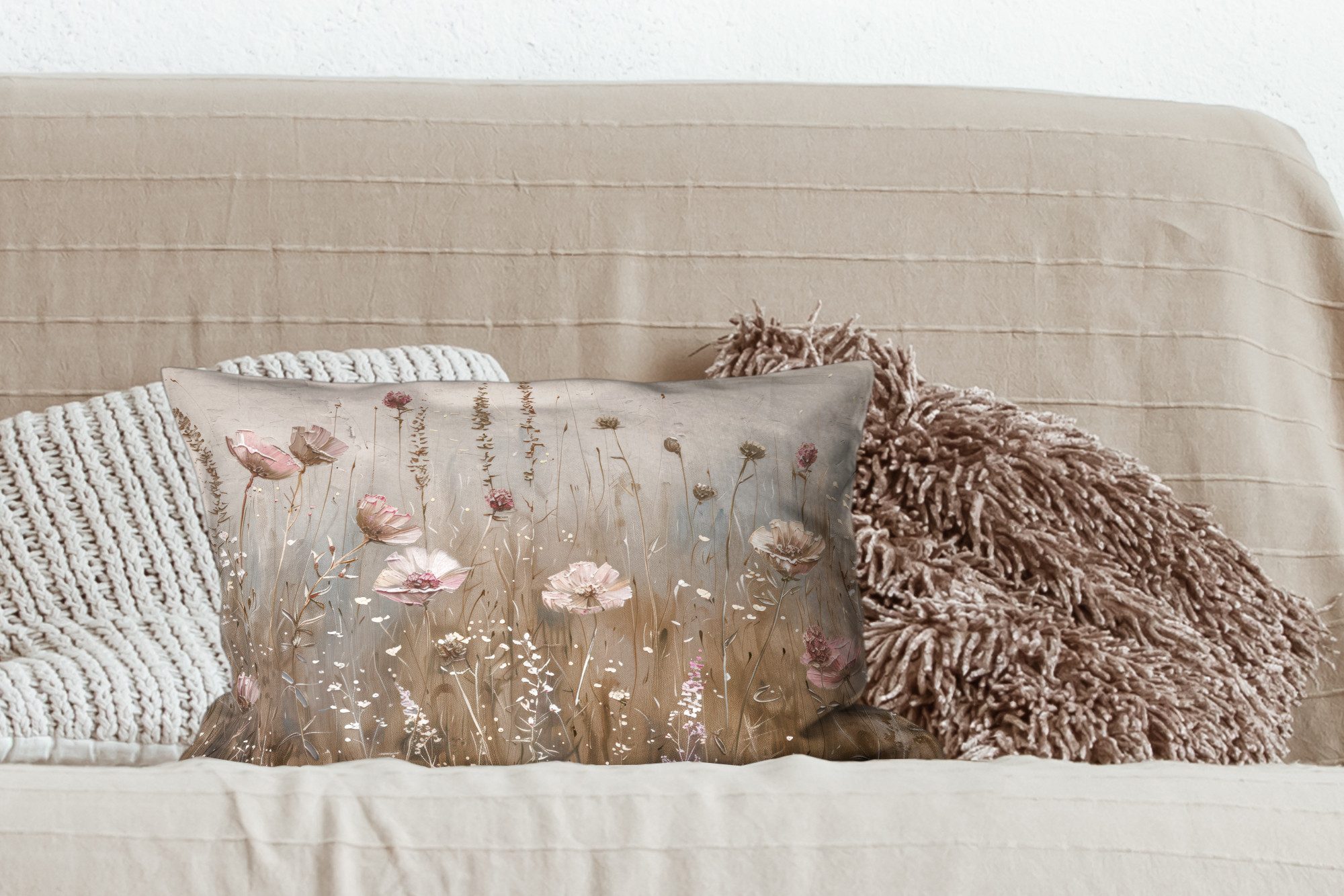 MuchoWow Dekokissen Blumen - Rosa - Modern - Beige, Dekoration, Zierkissen, Kissen mit Füllung, 50x30 cm