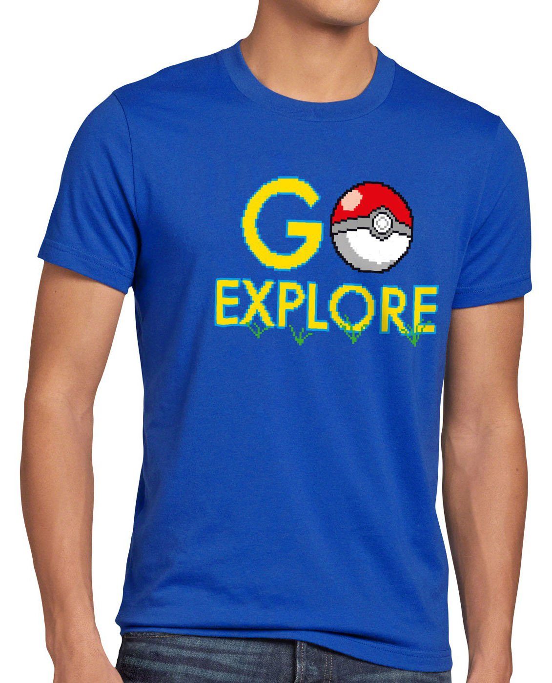 style3 Print-Shirt Herren T-Shirt Go Explore poke game app team pokeball pikachu pokespot arena boy blau