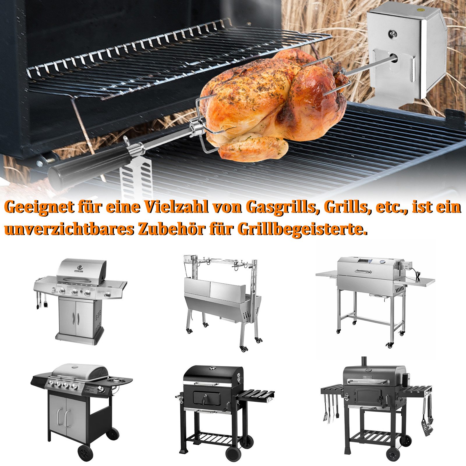 FIVMEN Grillspieß Edelstahl Spieß Set 107cm BBQ Fleischklammer mit Motor Drehspieß (Fleischnadeln, 2-St)
