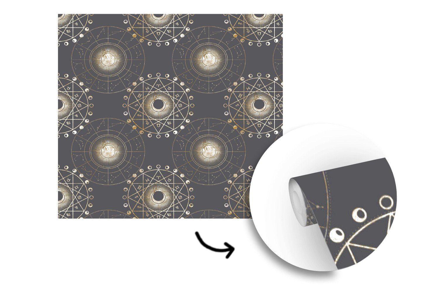 MuchoWow Fototapete Muster für Vinyl Tapete - St), (5 Schlafzimmer, Wandtapete Matt, Wohnzimmer oder Spirituell - bedruckt, Gold