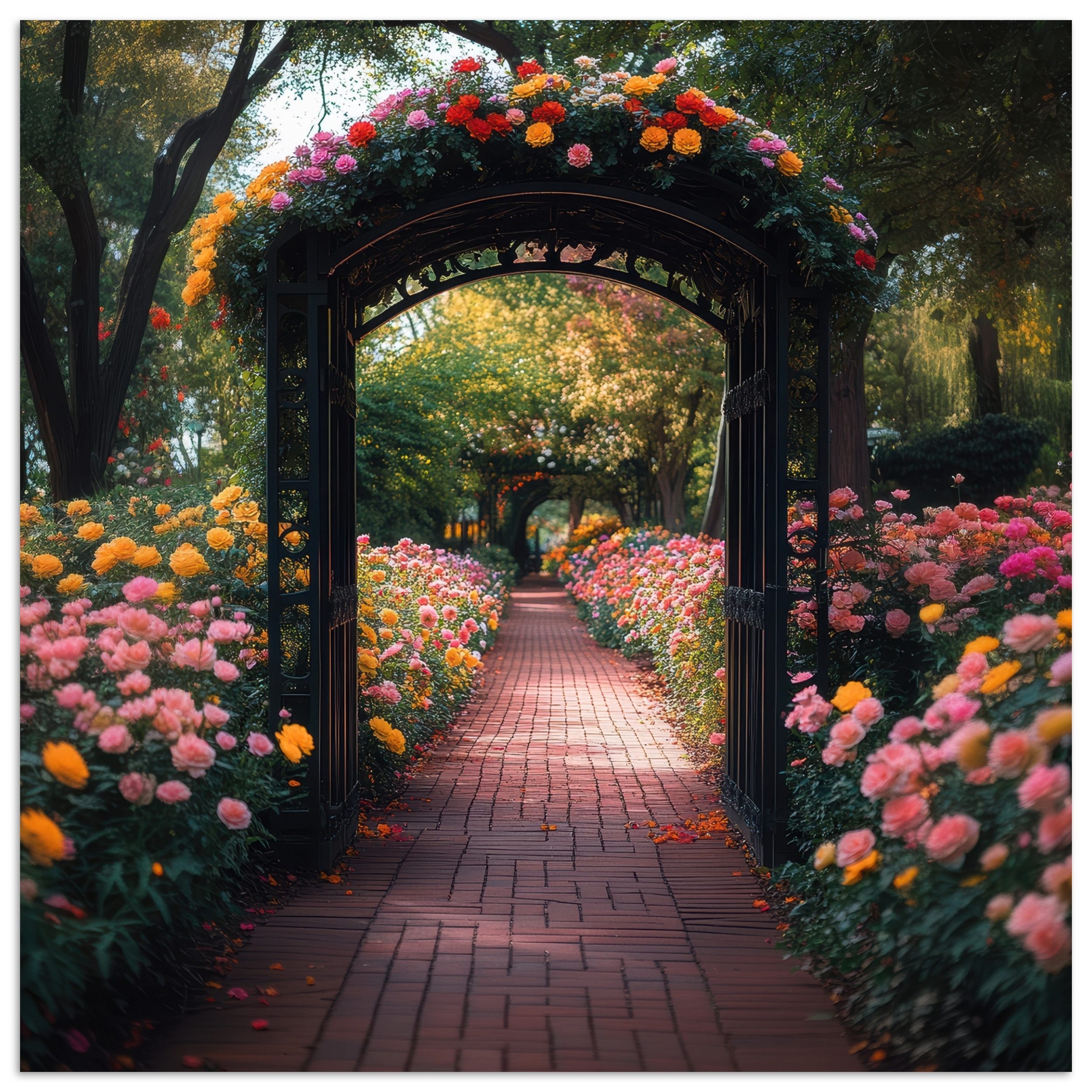 MuchoWow Poster Fensterblick - Blumen - Weg - Natur - Farbenfroh, (1 St), Poster ohne Rahmen, Wandbild, Wandposter, 30x30 cm