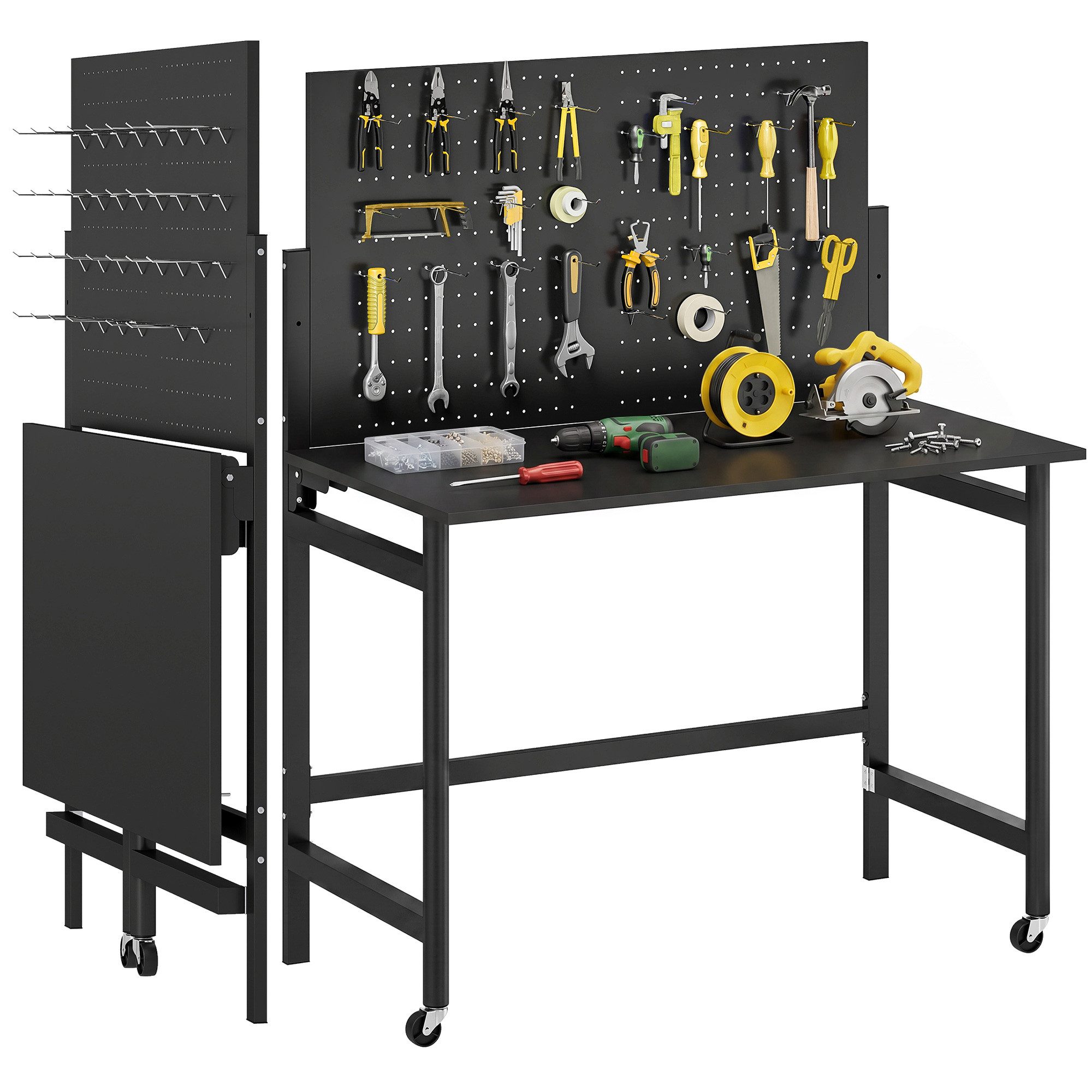 HOMCOM Werkbank, (Set, 1-tlg), Klappbar mit Lochwand und Rollen
