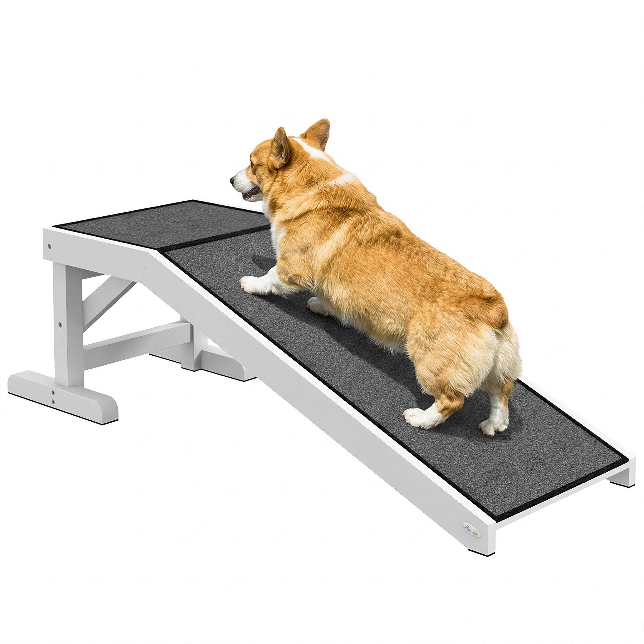 PawHut Hunderampe Hundetreppe mit rutschfestem Teppich, Hundeautorampe, bis 30 kg (Hundeeinstiegshilfe, 1-St., Haustierleiter), Kiefernholz Polyester Weiß+Grau 125 x 40 x 35,5 cm