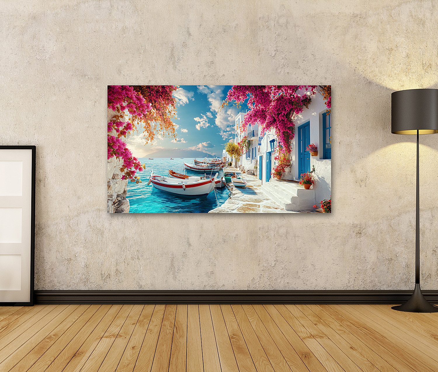 islandburner Leinwandbild, Idyllische griechische Küstenstadt mit blühenden günstig online kaufen