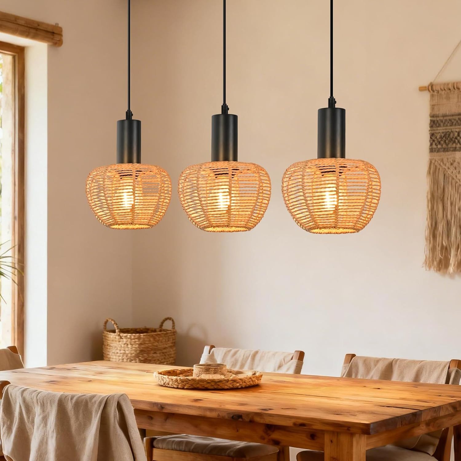 Nettlife Pendelleuchte Retro Boho Schwarz Hängelampe aus Rattan 1/3 flammige E27, Höhenverstellbar, ohne Leuchtmittel, ob Schlafzimmer Flur Esszimmer Dachboden Küche