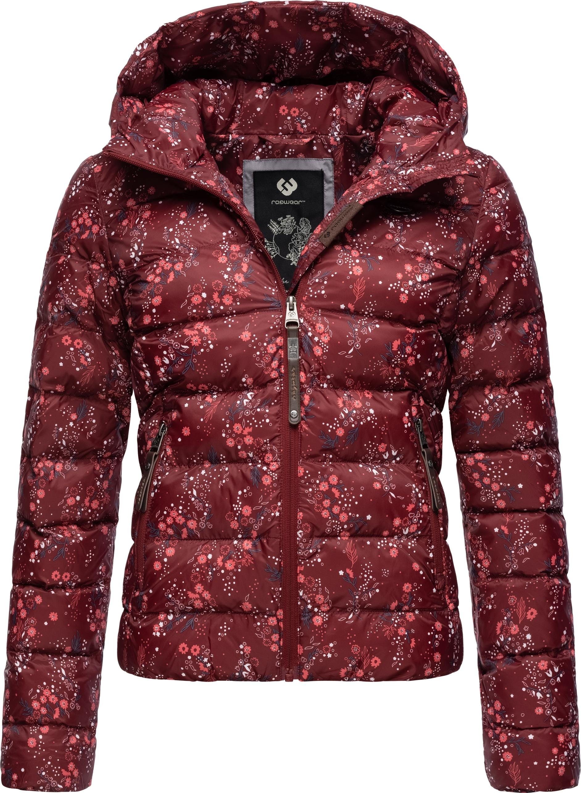 Ragwear Steppjacke Tiasa weinrot mit Geblümte Winterjacke Kapuze