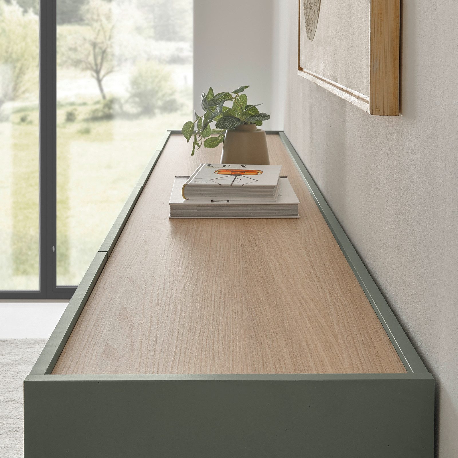 Furn.Design Wohnwand Center, (Set in Salbei Grün mit Eiche, 3-teilig, 300 x 180 cm), mit großem TV Lowboard