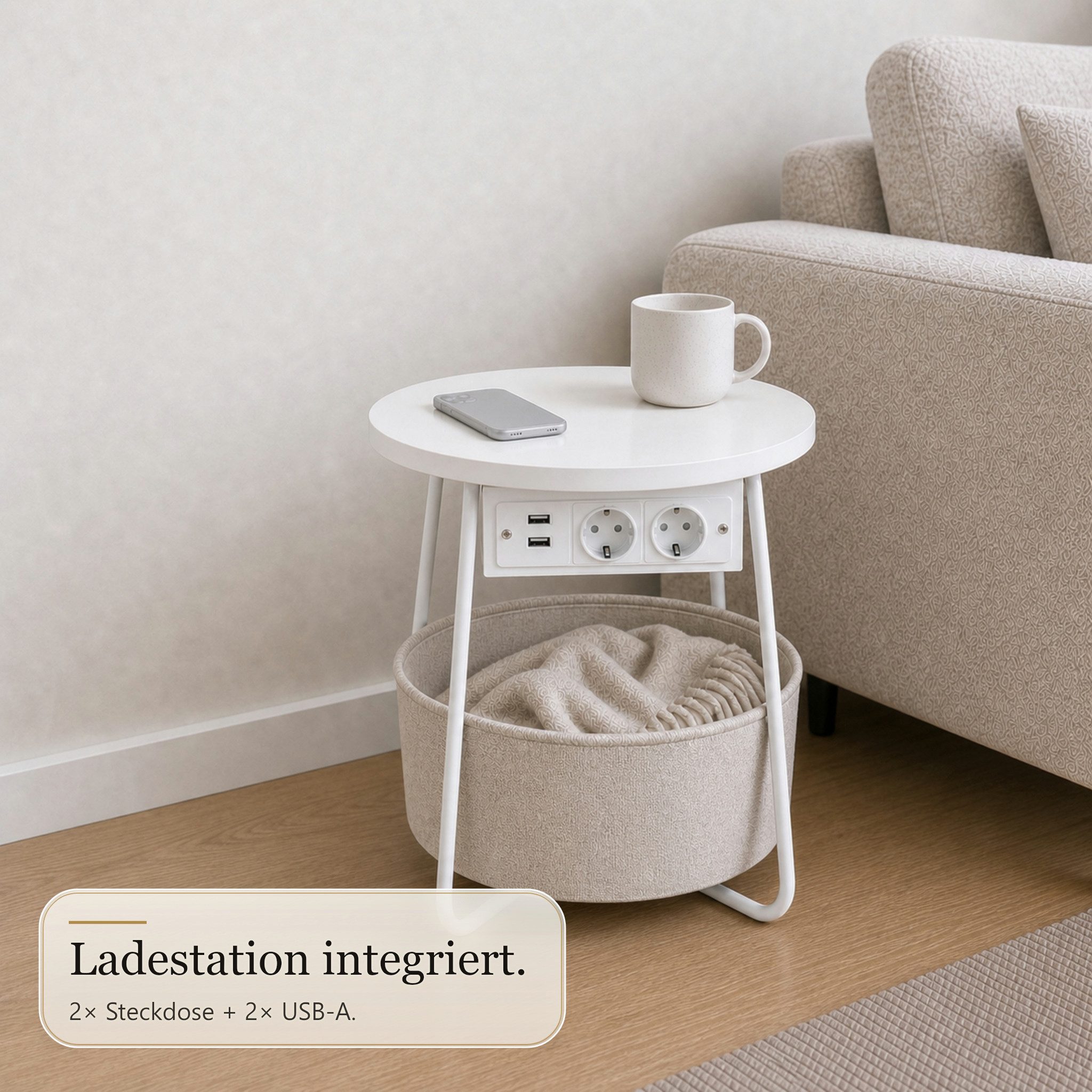 Floordirekt Couchtisch Dario Runder mit 2 Steckdosen A Stauraumkorb 2 USB 4 Farben (Einzelartikel), Integrierte Stromanschlüsse und USB-Ports – Bild 3 von 5