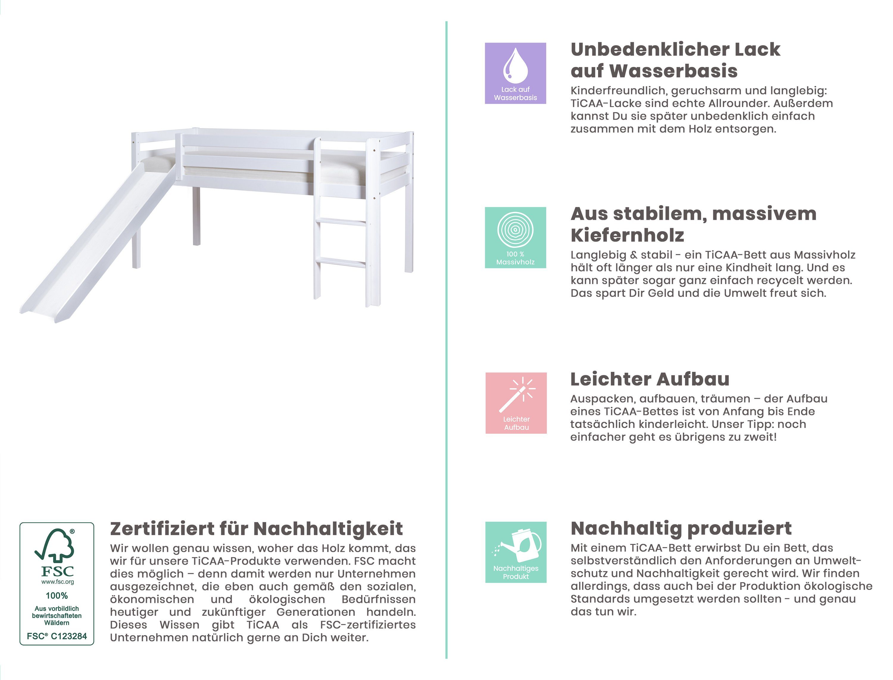 Ticaa Hochbett Rutschbett "Manuel" Kiefer Weiß Classic Weiß lackiert (Holzmaserung sichtbar), Breite mit Rutsche ca. 217cm