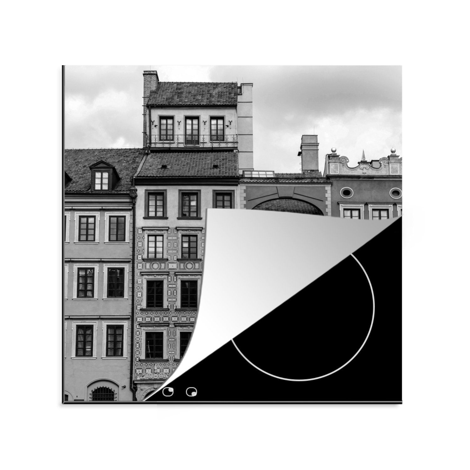MuchoWow Herdblende-/Abdeckplatte Warschau - Statue - Meerjungfrau - Schwarz - Weiß, Vinyl, (1 tlg), 78x78 cm, Ceranfeldabdeckung, Arbeitsplatte für küche