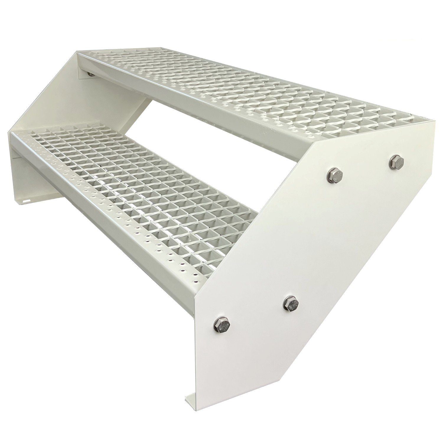 Kaminbau Mierzwa Außentreppe Premium Treppe Komplett Weiß Höhe Verstellbar, für Geschosshöhen bis 38 cm, Stufen Gitterroststufen nach DIN 24531, (Höhe 38 cm, Breite wählbar aus 60, 80, 100, 120, 140 cm), Gartentreppe Stahltreppe Wetterfest Rostfrei Feuer-Verzinkt Rutschfest