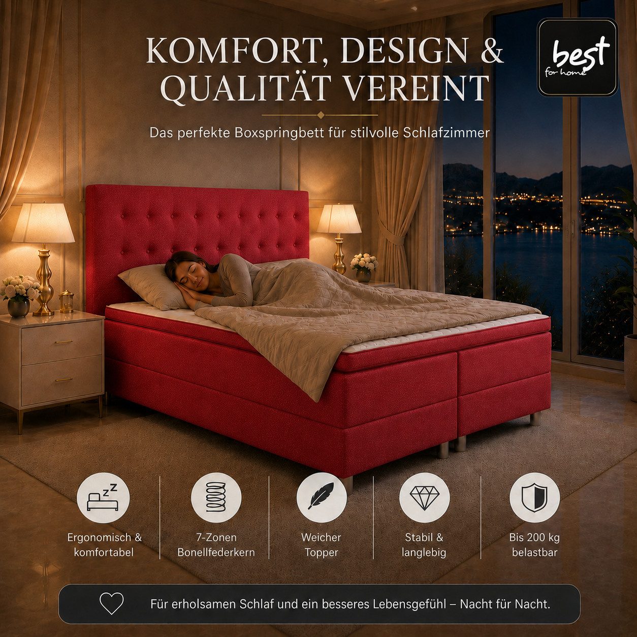 Best for Home Boxspringbett NEO mit Bonellfederkern & 5 cm Topper – Komfort & Design (Boxspringbett-Set, 6-St., 90x200 100x200 120x200 140x200 160x200 180x200 200x200 cm), Handwerksqualität, TOP- Preis-Leistungs-Verhältnis