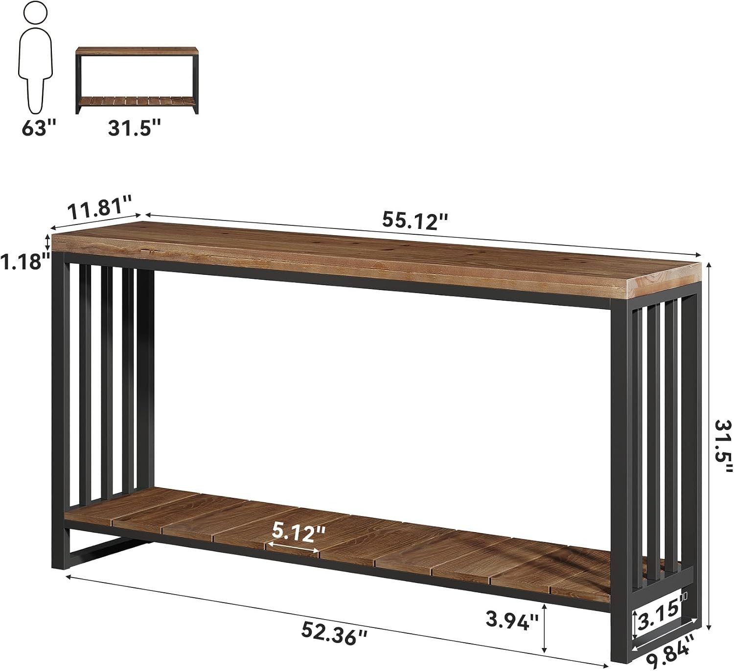 Tribesigns Konsolentisch Industriestil Konsoltisch 140 cm 2‑Ebenen Braun‑Schwarz – Bild 2 von 5