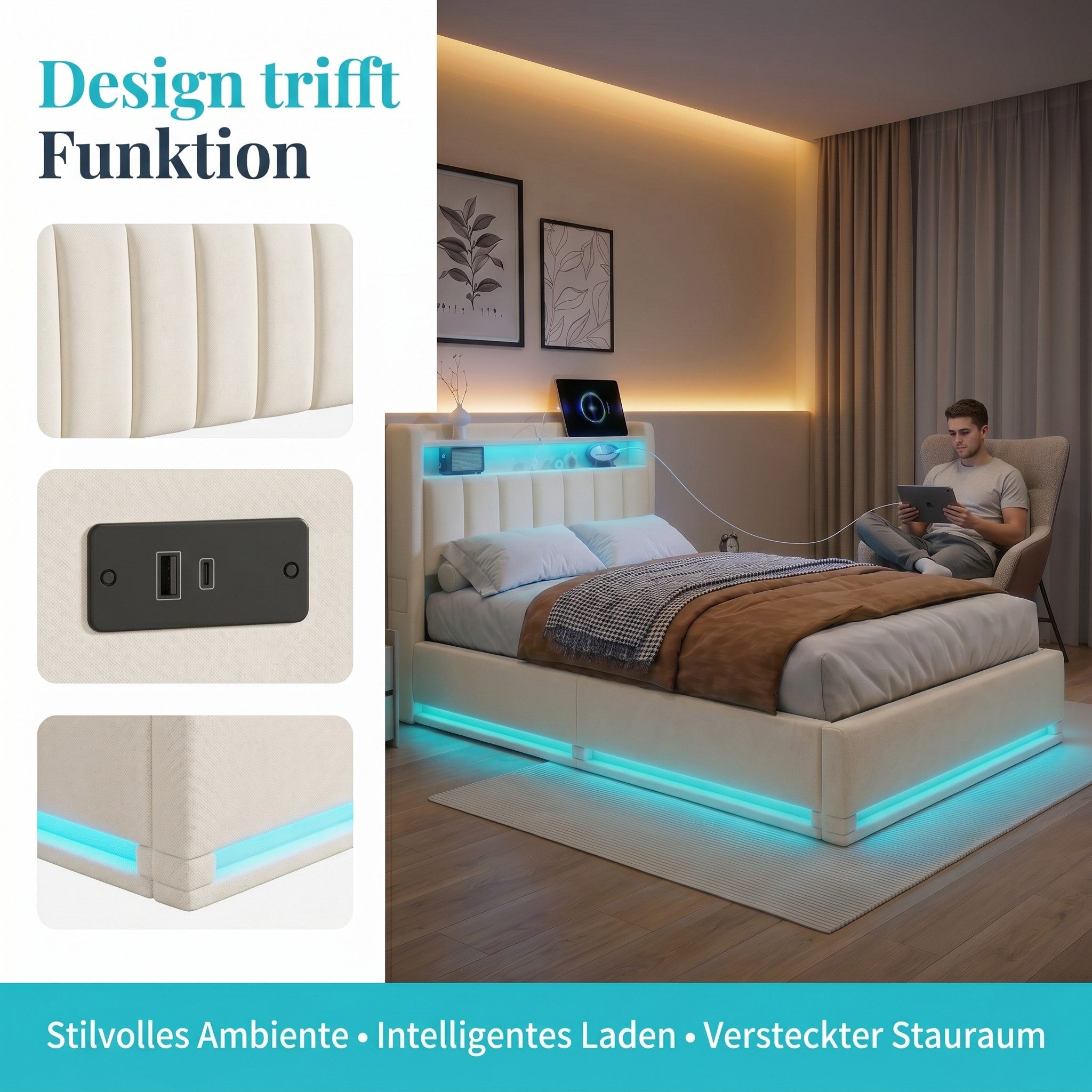 PXloue Polsterbett LED Doppelbett, Einzelbett, Bettkasten, Ladefunktion, Samt, 90x200 cm