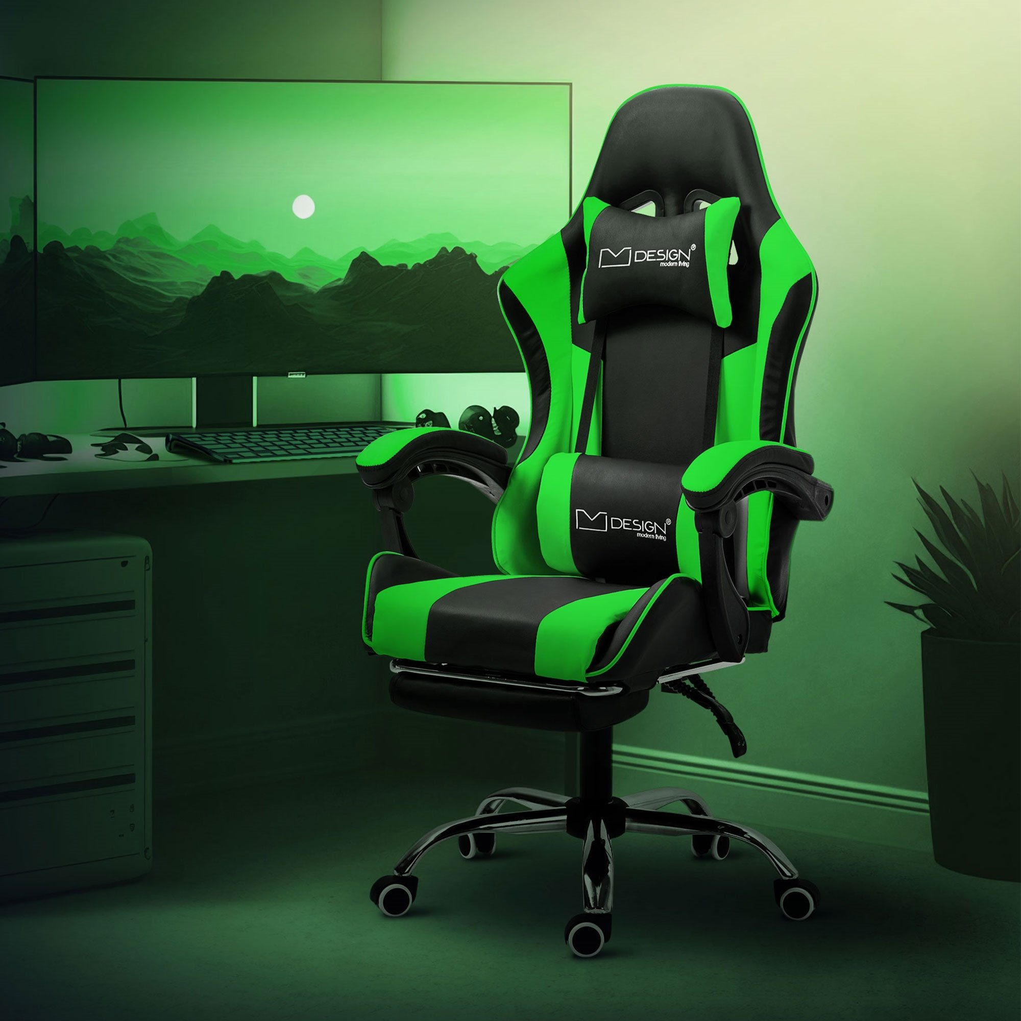 ML-DESIGN Gaming-Stuhl Massage Gamingstuhl Racing Gamer Stuhl mit Armlehne, Bürostuhl, aus PU-Leder, verstellbar, Kopfstütze, Lendenkissen, Fußstütze Grün