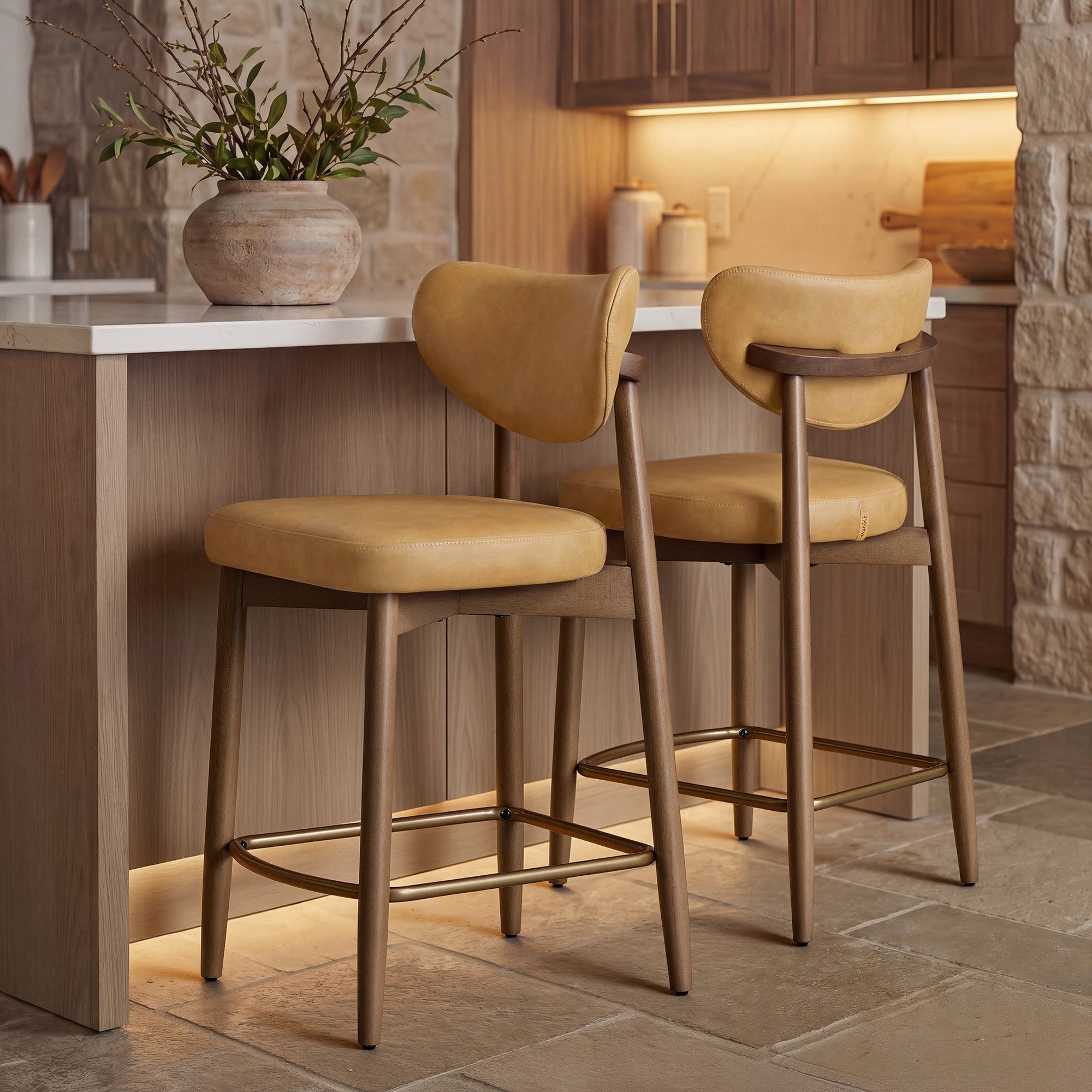 VASAGLE Barhocker Barstuhl, Polsterstuhl, Küchenstuhl, mit Massivholzbeinen (2 St., 2er), ergonomischer Rückenlehne, Mid-Century-Modern-Stil, 2er Set