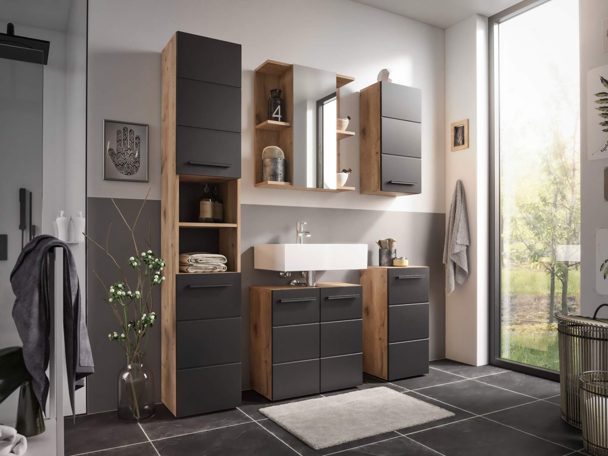 moebel-dich-auf Badezimmer-Set VALENCIA, (Hochschrank, Waschbeckenunterschrank, Spiegelschrank, Hängeschrank, Kommode, MDF-Fronten tiefgezogen, Korpus melaminbeschichtet)